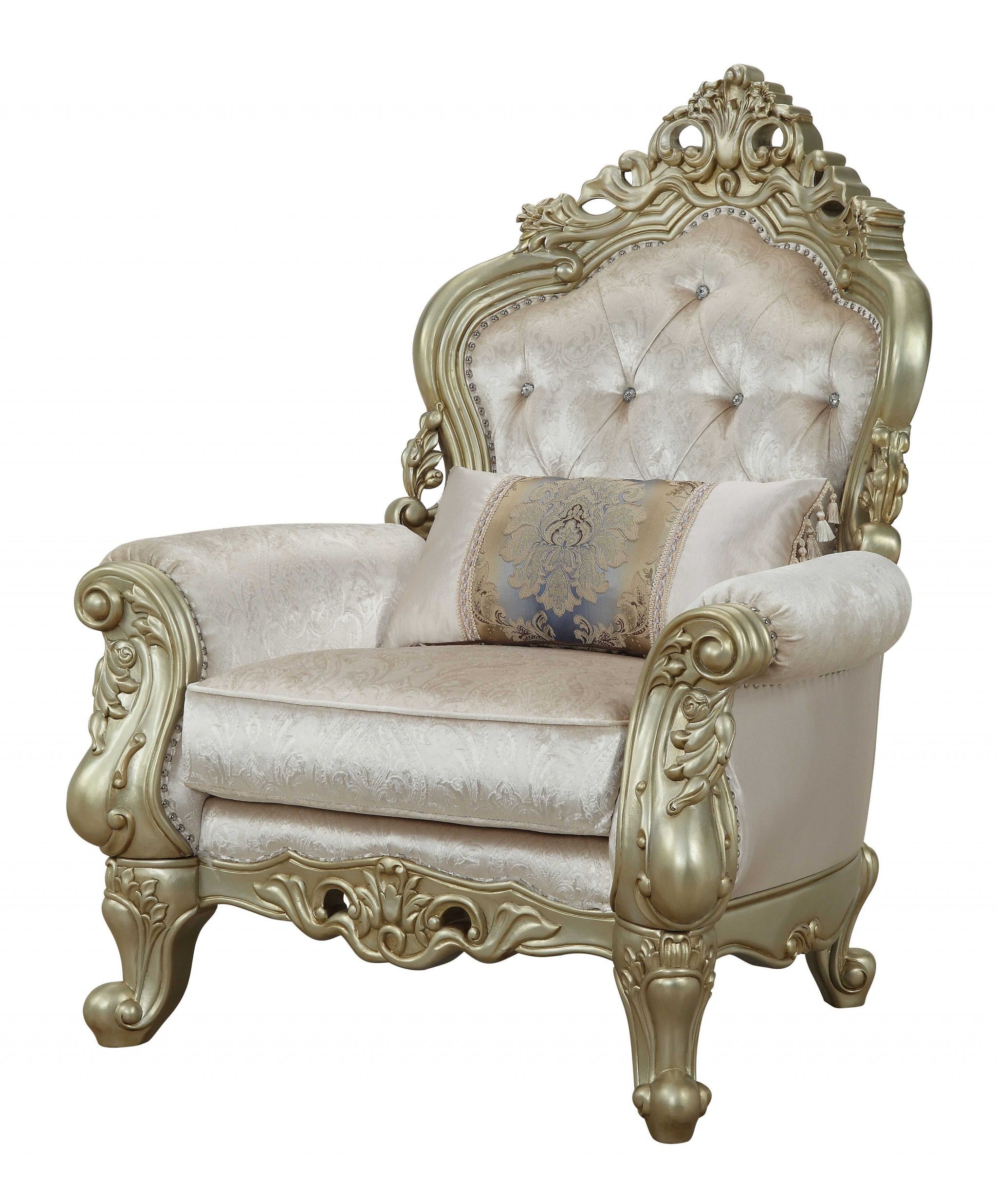40" Cream and Antiqued White Fabric Damask Tufted Arm Chair And Toss Pillow-Accent Chairs-DECOROLALA
