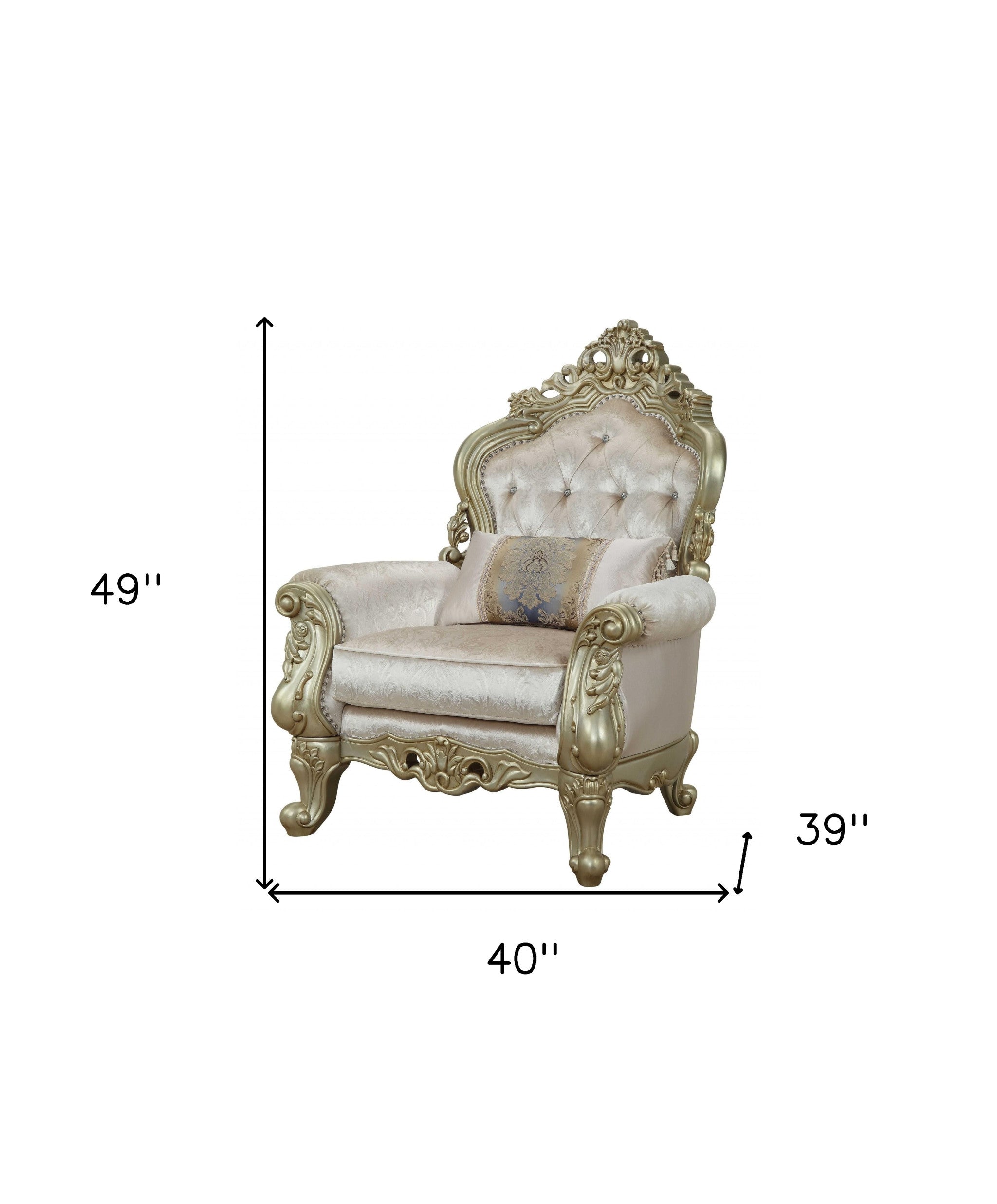 40" Cream and Antiqued White Fabric Damask Tufted Arm Chair And Toss Pillow-Accent Chairs-DECOROLALA