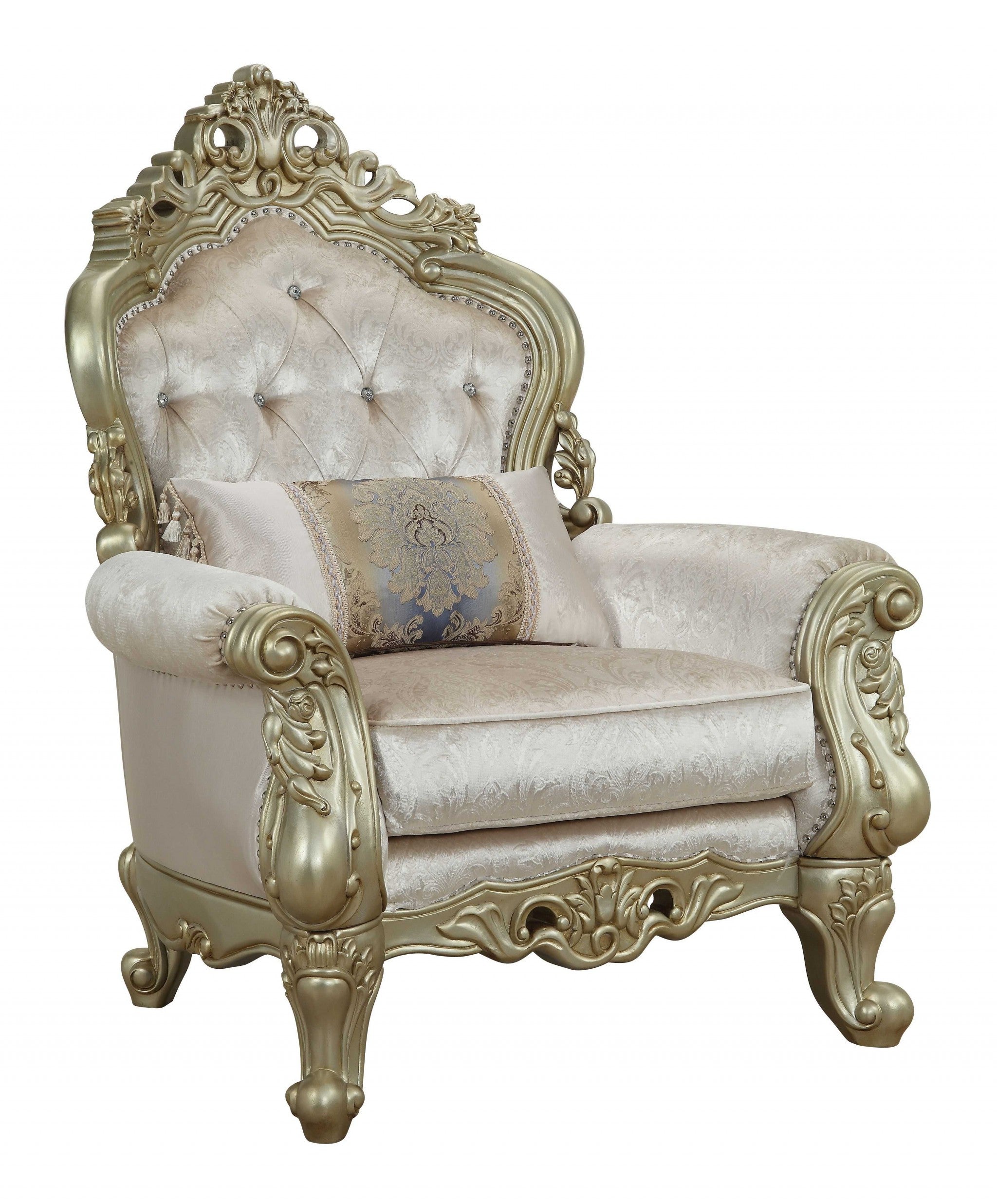 40" Cream and Antiqued White Fabric Damask Tufted Arm Chair And Toss Pillow-Accent Chairs-DECOROLALA
