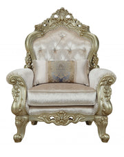 40" Cream and Antiqued White Fabric Damask Tufted Arm Chair And Toss Pillow-Accent Chairs-DECOROLALA