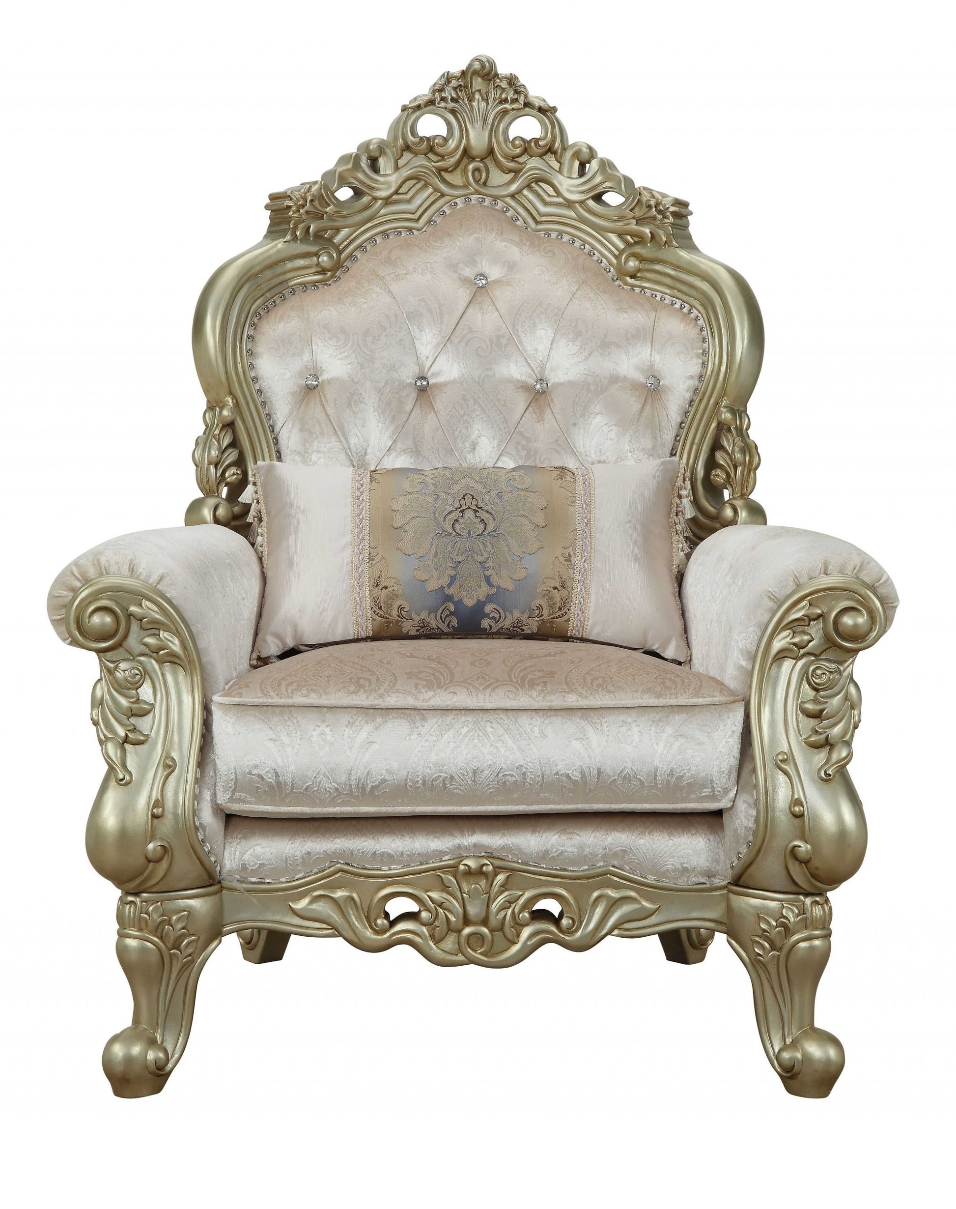 40" Cream and Antiqued White Fabric Damask Tufted Arm Chair And Toss Pillow-Accent Chairs-DECOROLALA