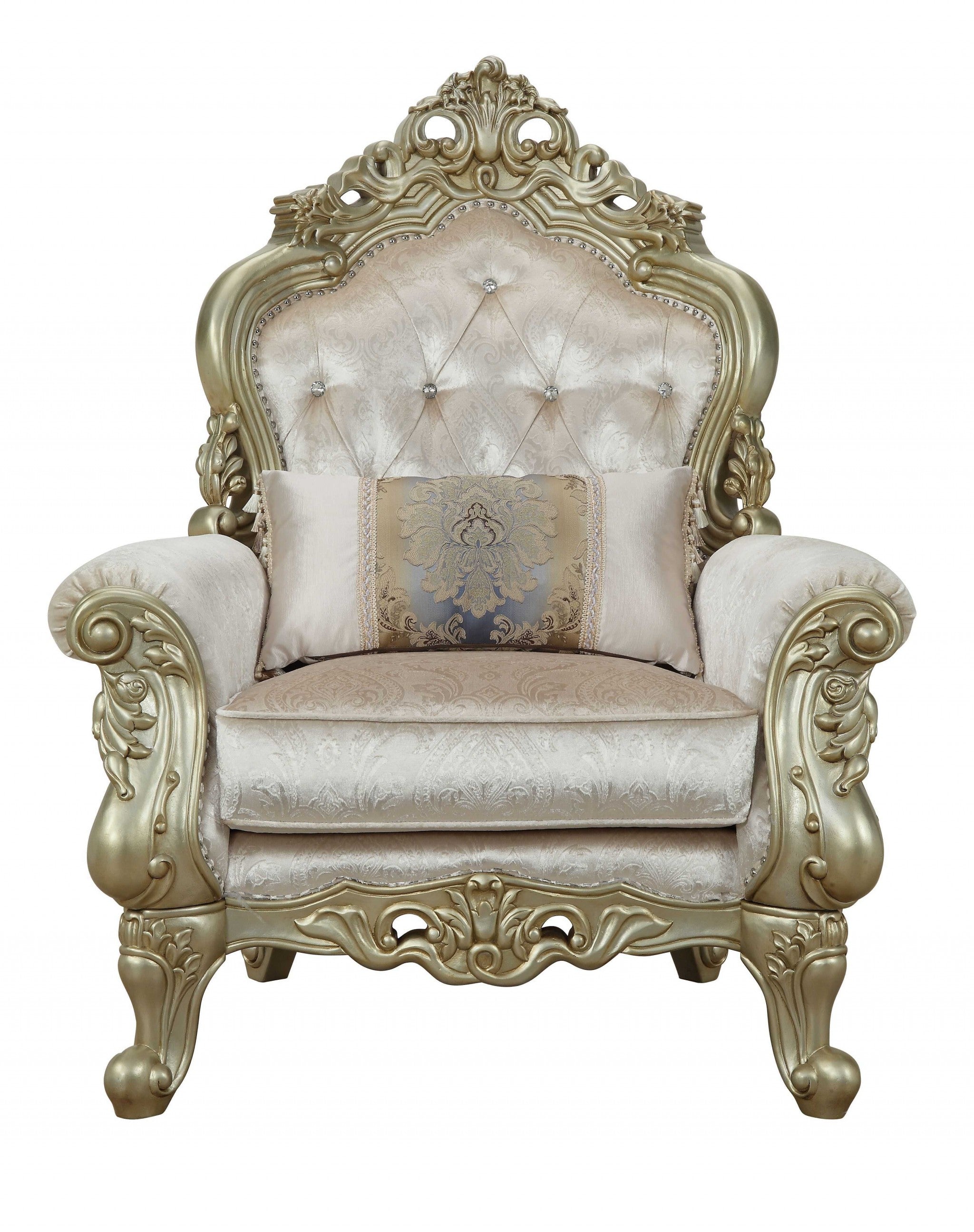 40" Cream and Antiqued White Fabric Damask Tufted Arm Chair And Toss Pillow-Accent Chairs-DECOROLALA
