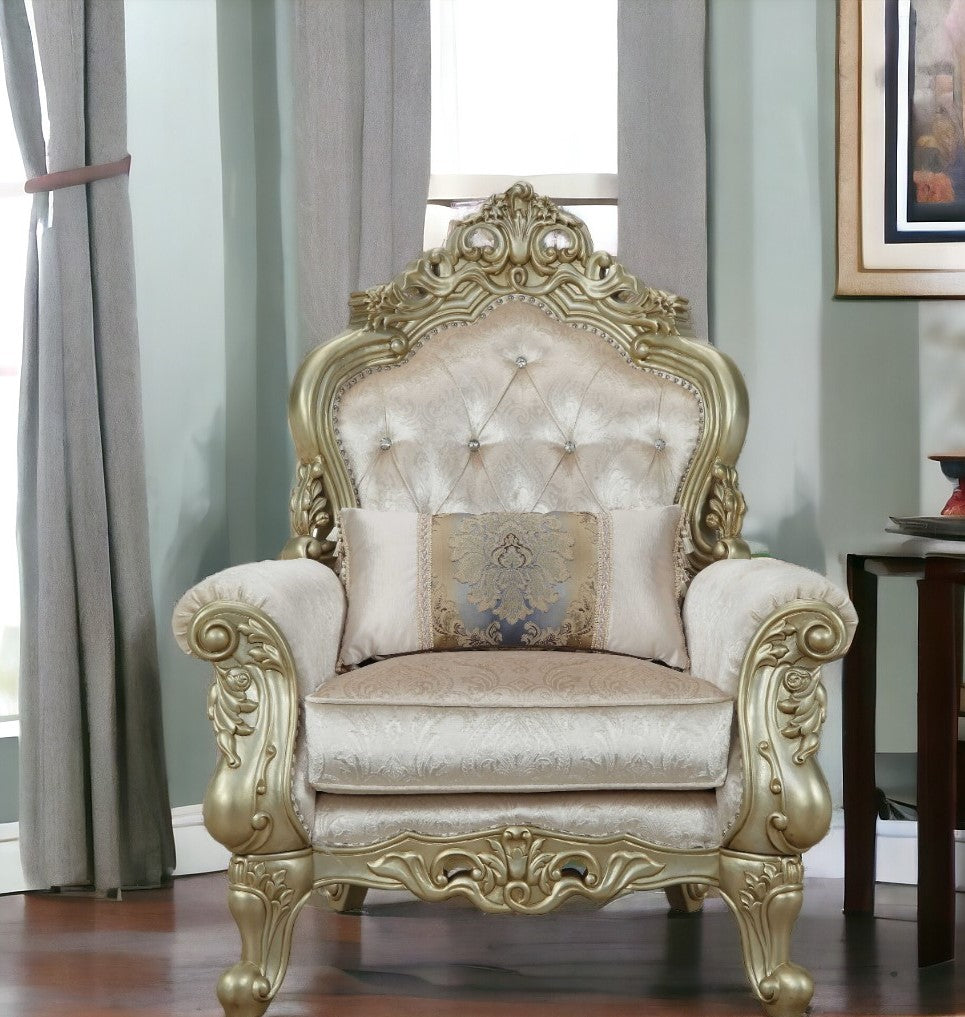 40" Cream and Antiqued White Fabric Damask Tufted Arm Chair And Toss Pillow-Accent Chairs-DECOROLALA