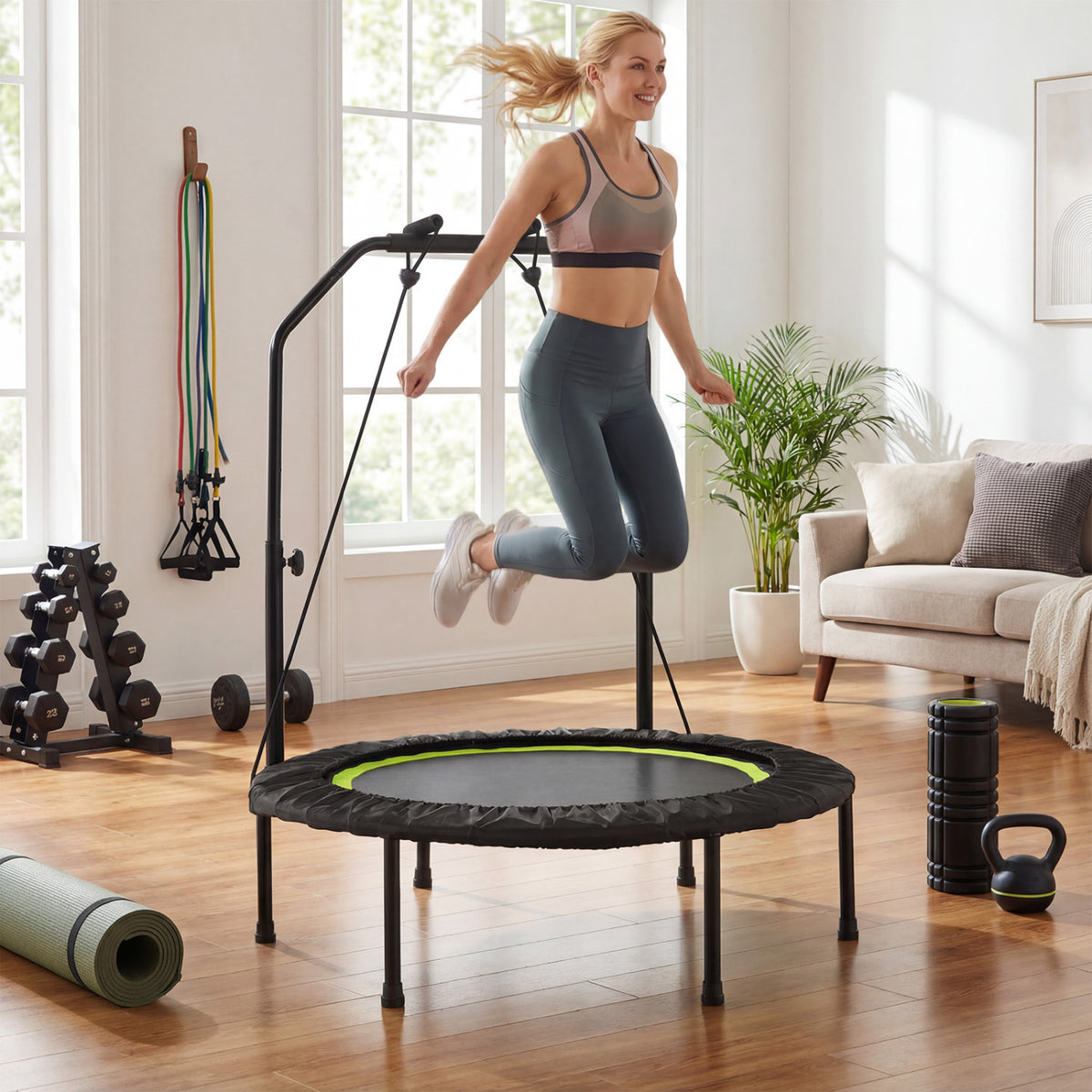 40" Foldable Fitness Trampoline with Adjustable Handlebar & Bands-Trampolines-DECOROLALA