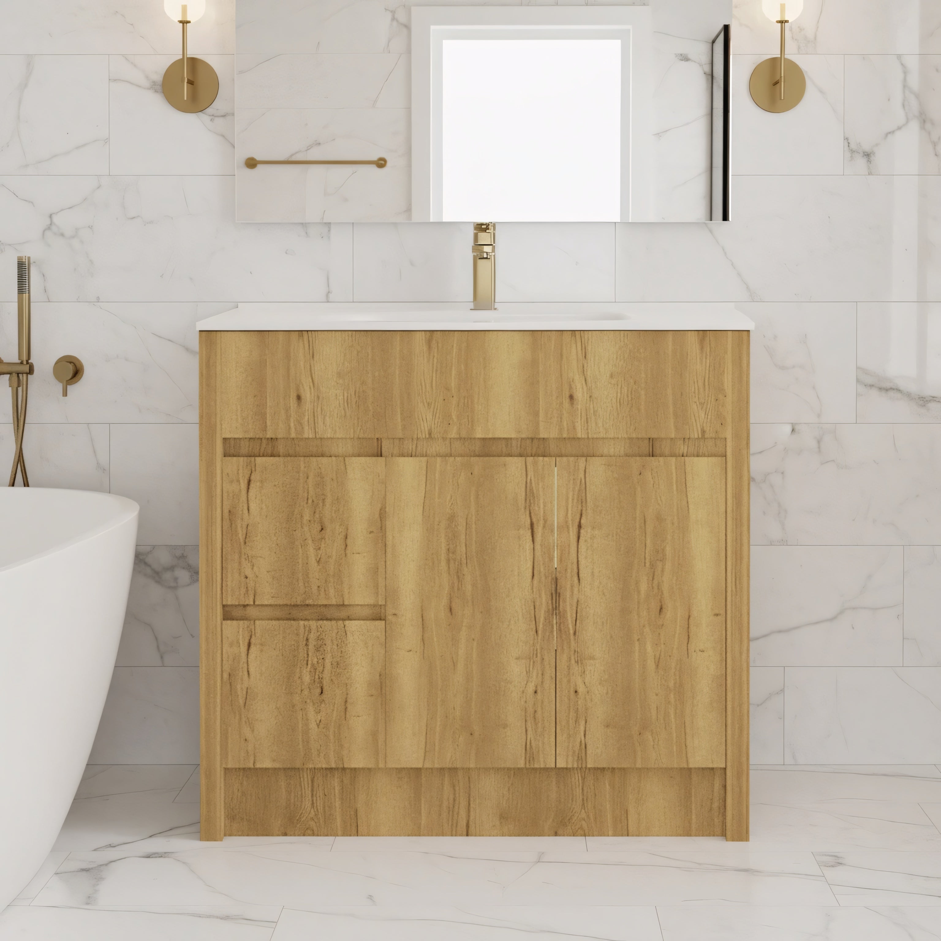 40" Frosted Oak Freestanding Bathroom Vanity with White Ceramic Countertop-Migration_Bathroom Vanities-DECOROLALA