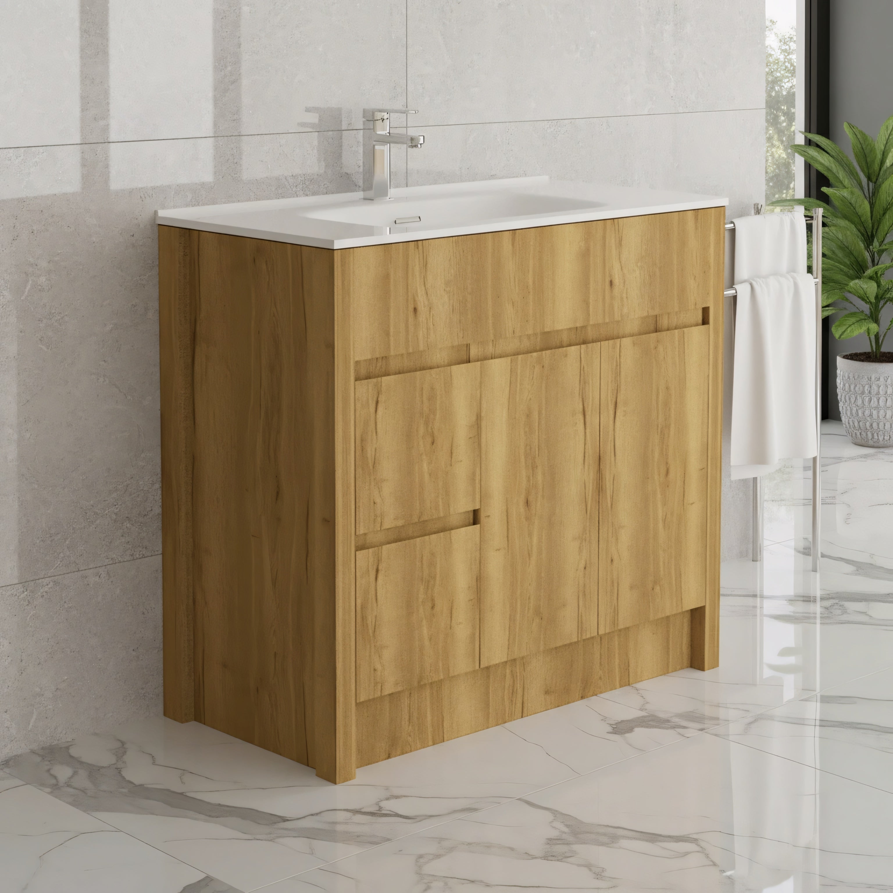 40" Frosted Oak Freestanding Bathroom Vanity with White Ceramic Countertop-Migration_Bathroom Vanities-DECOROLALA