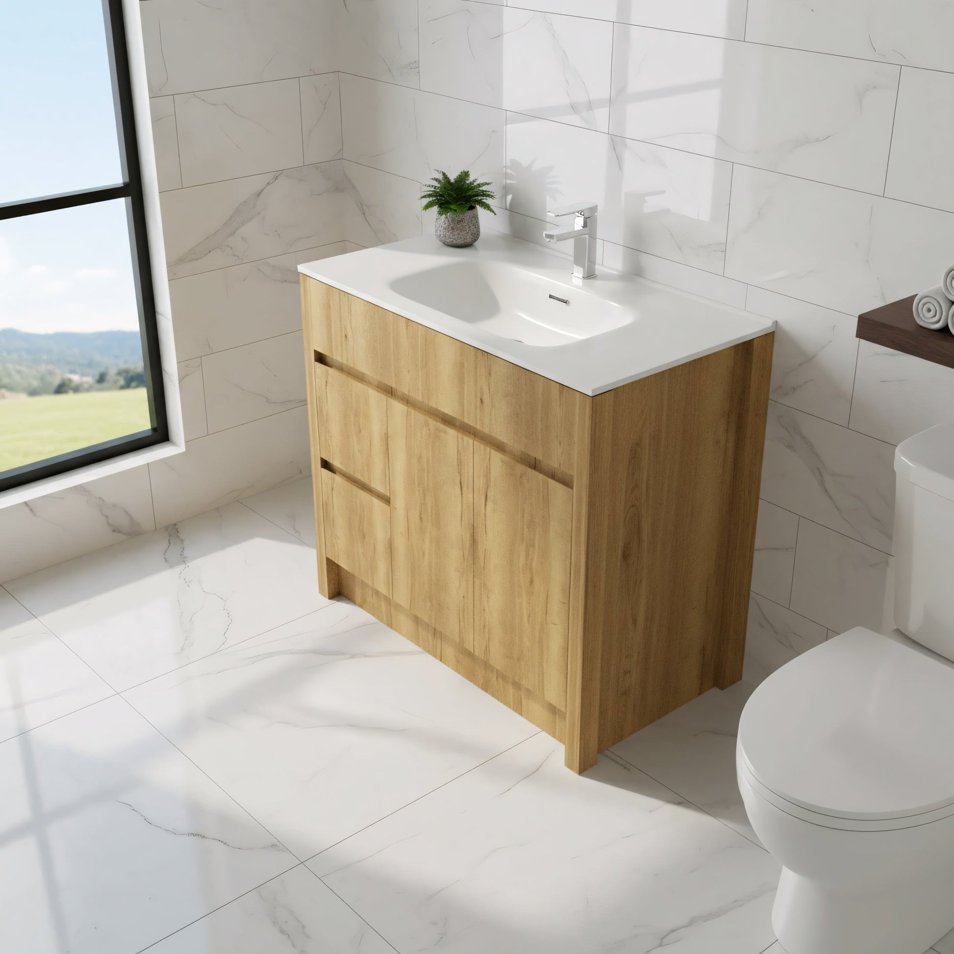 40" Frosted Oak Freestanding Bathroom Vanity with White Ceramic Countertop-Migration_Bathroom Vanities-DECOROLALA