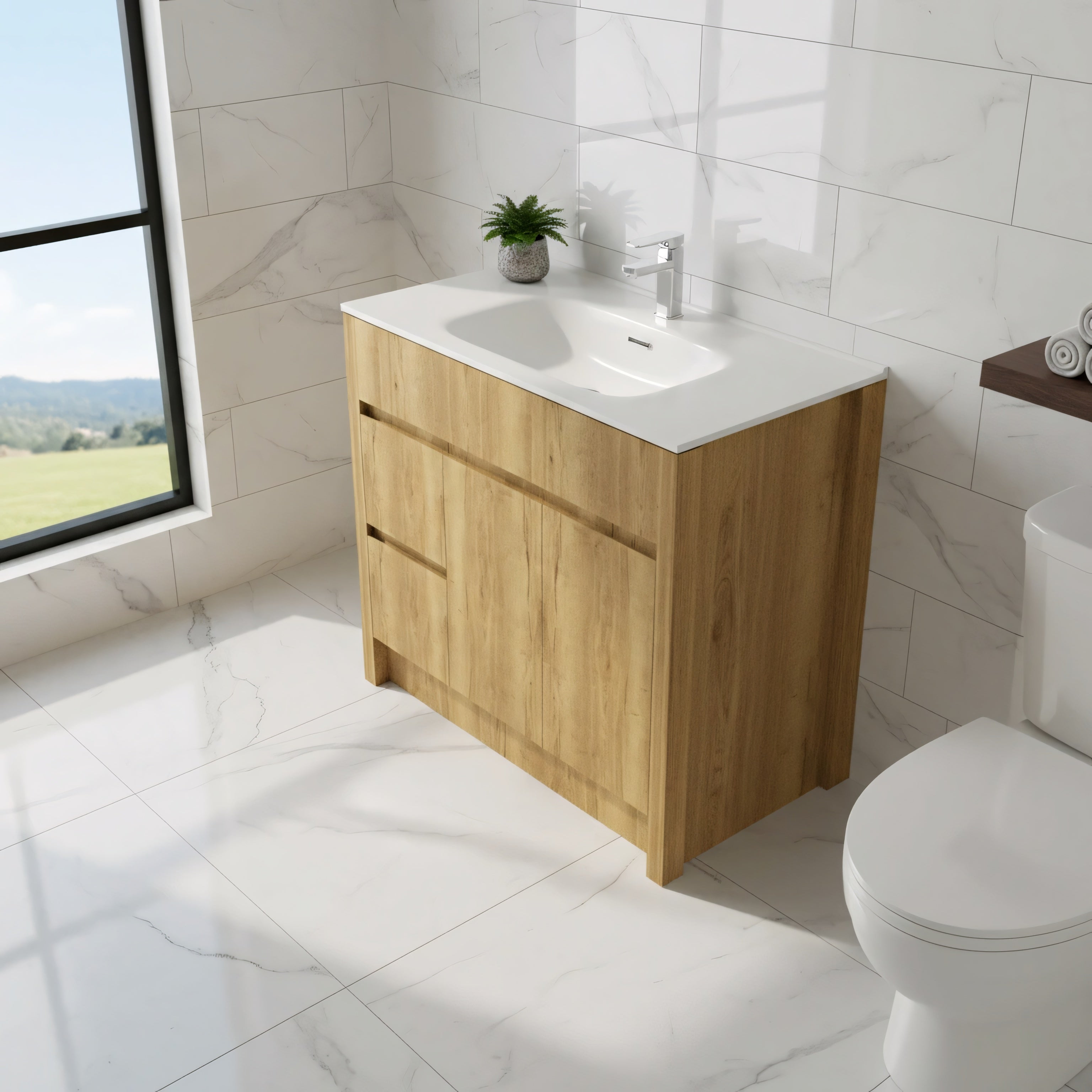40" Frosted Oak Freestanding Bathroom Vanity with White Ceramic Countertop-Migration_Bathroom Vanities-DECOROLALA