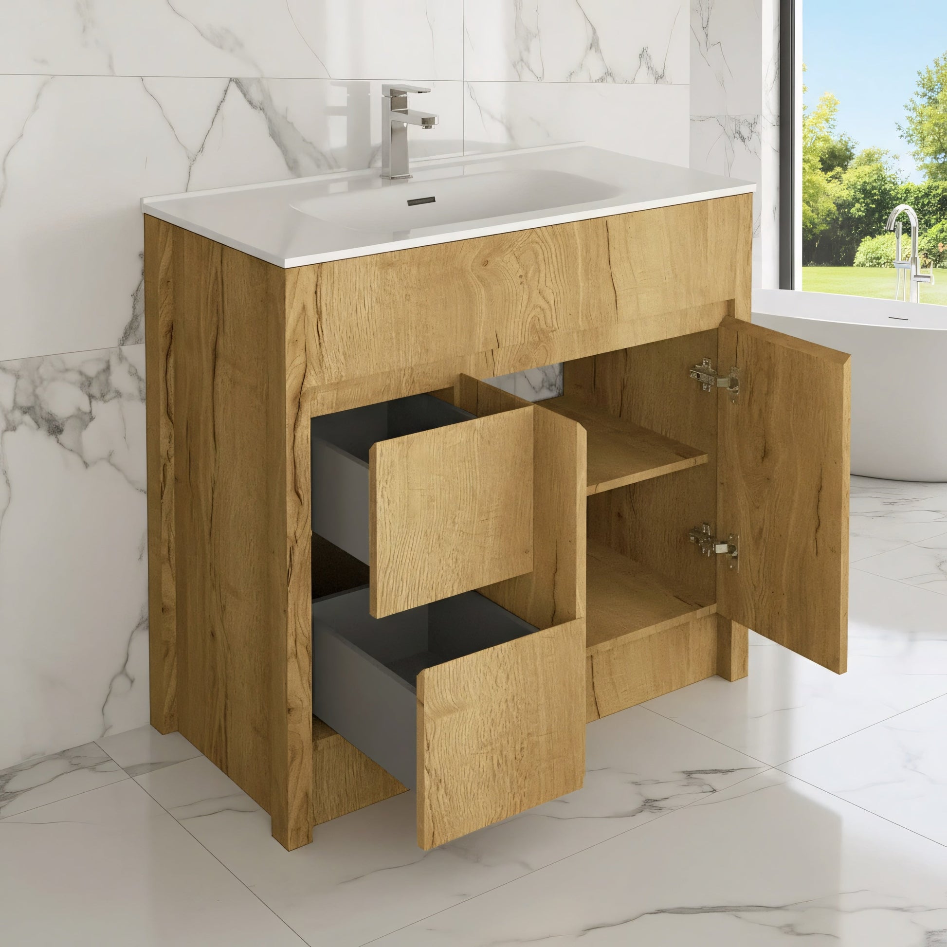 40" Frosted Oak Freestanding Bathroom Vanity with White Ceramic Countertop-Migration_Bathroom Vanities-DECOROLALA