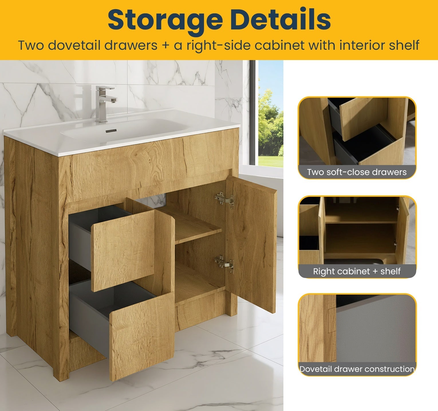 40" Frosted Oak Freestanding Bathroom Vanity with White Ceramic Countertop-Migration_Bathroom Vanities-DECOROLALA