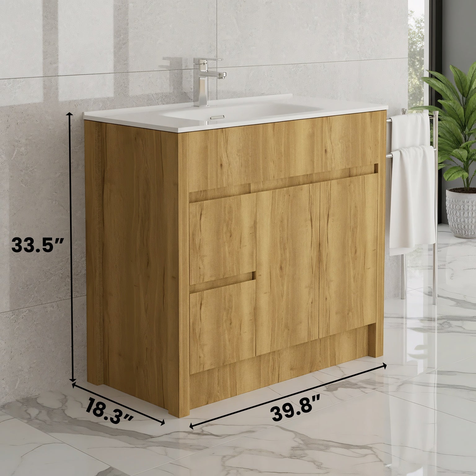 40" Frosted Oak Freestanding Bathroom Vanity with White Ceramic Countertop-Migration_Bathroom Vanities-DECOROLALA
