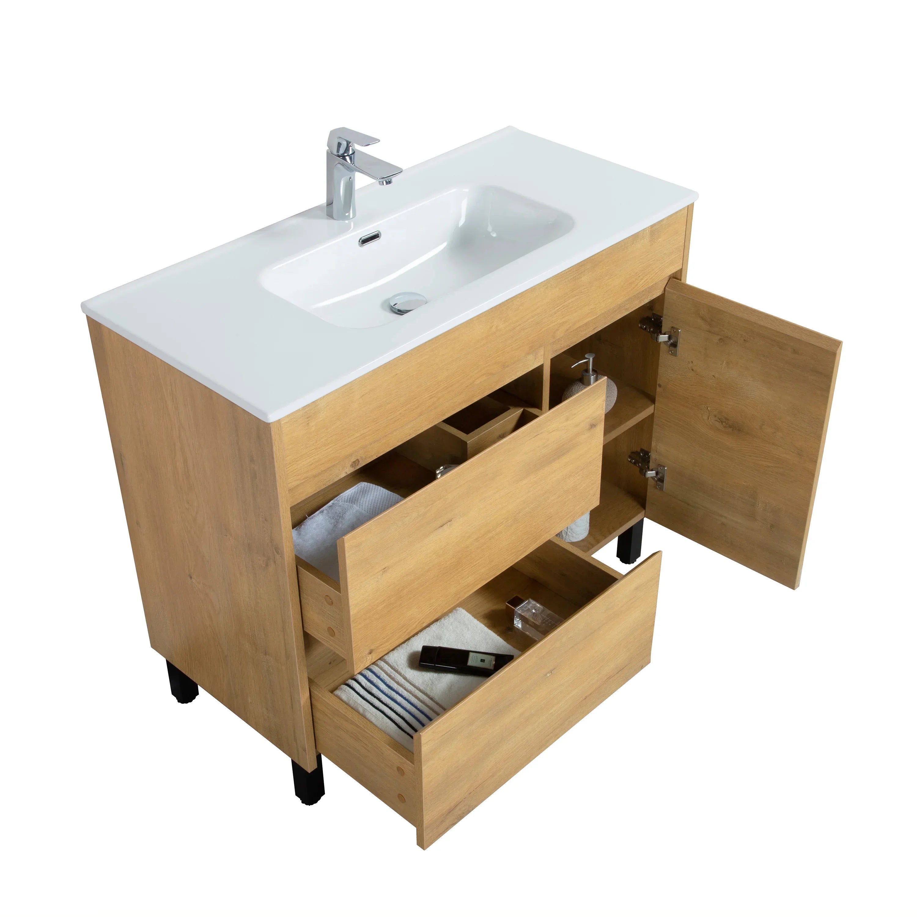 40" Frosted Oak Freestanding Bathroom Vanity with White Ceramic Countertop-Migration_Bathroom Vanities-DECOROLALA