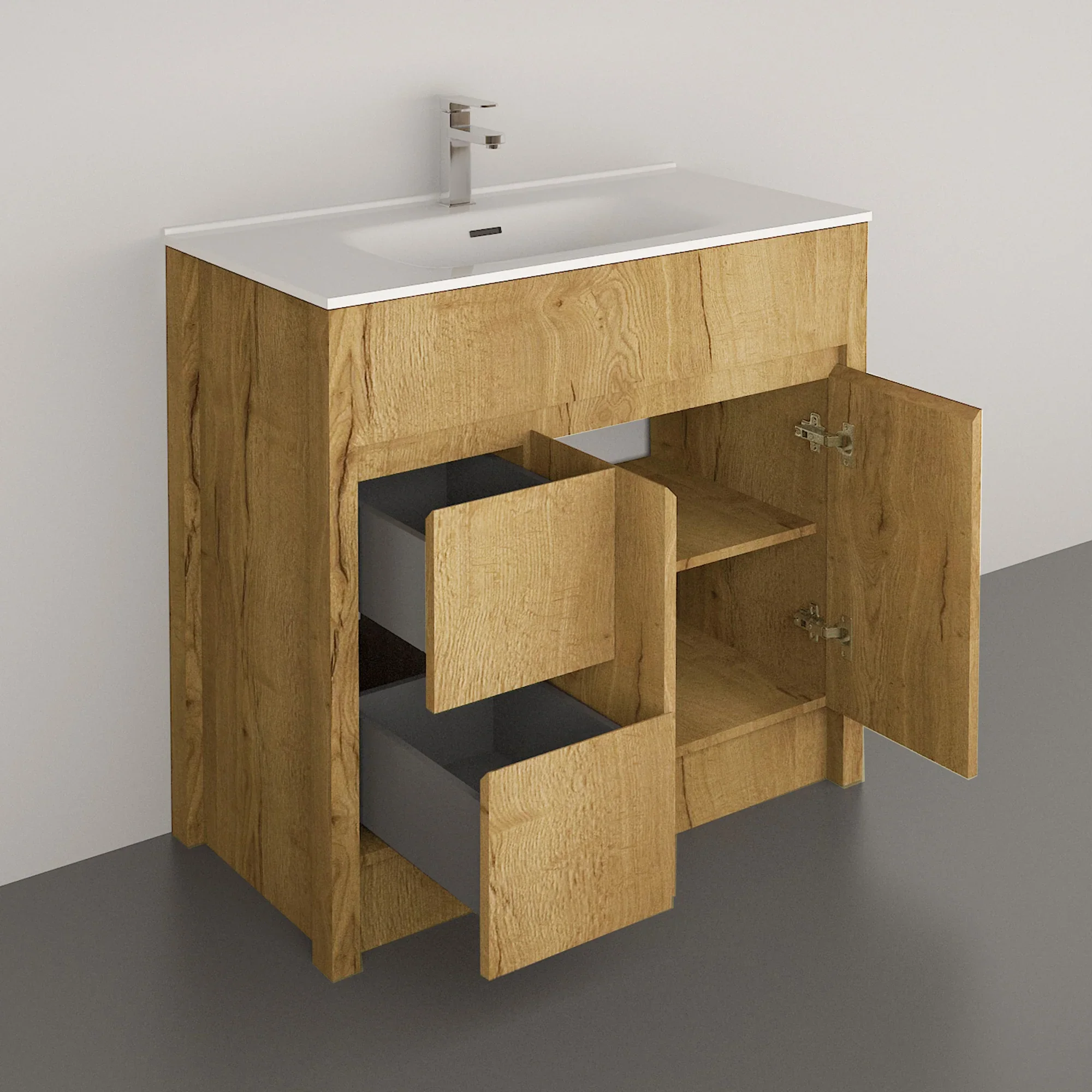 40" Frosted Oak Freestanding Bathroom Vanity with White Ceramic Countertop-Migration_Bathroom Vanities-DECOROLALA