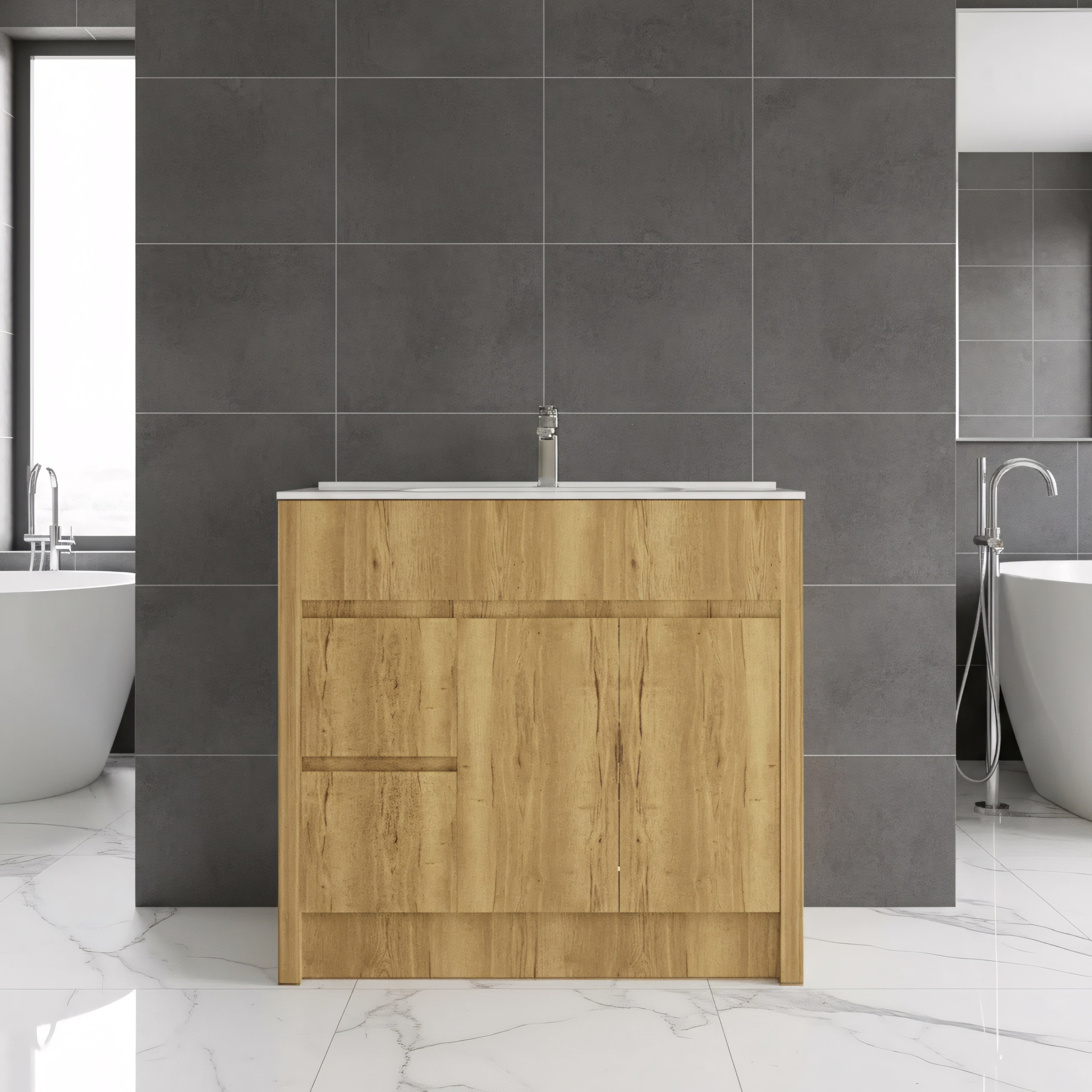 40" Frosted Oak Freestanding Bathroom Vanity with White Ceramic Countertop-Migration_Bathroom Vanities-DECOROLALA