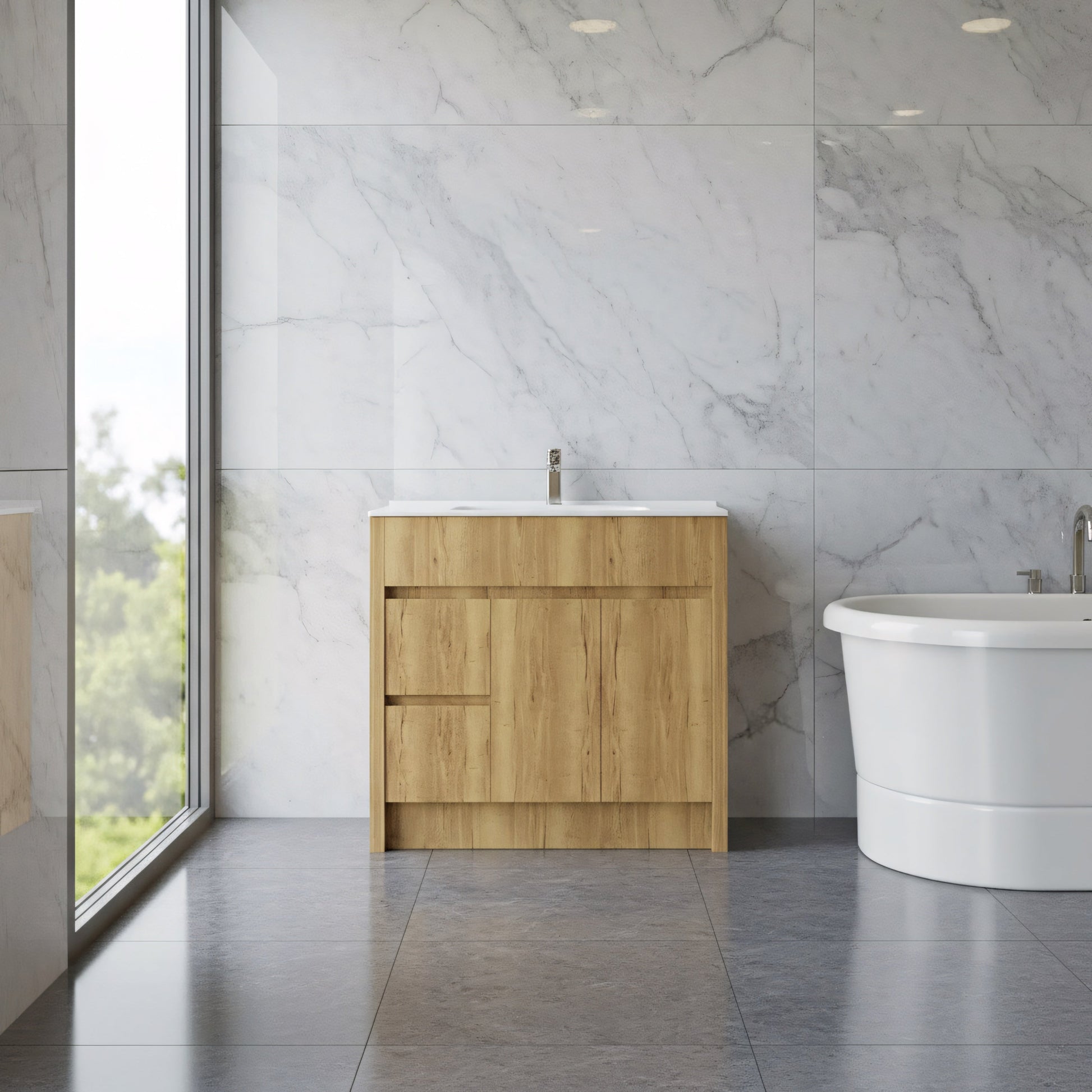 40" Frosted Oak Freestanding Bathroom Vanity with White Ceramic Countertop-Migration_Bathroom Vanities-DECOROLALA