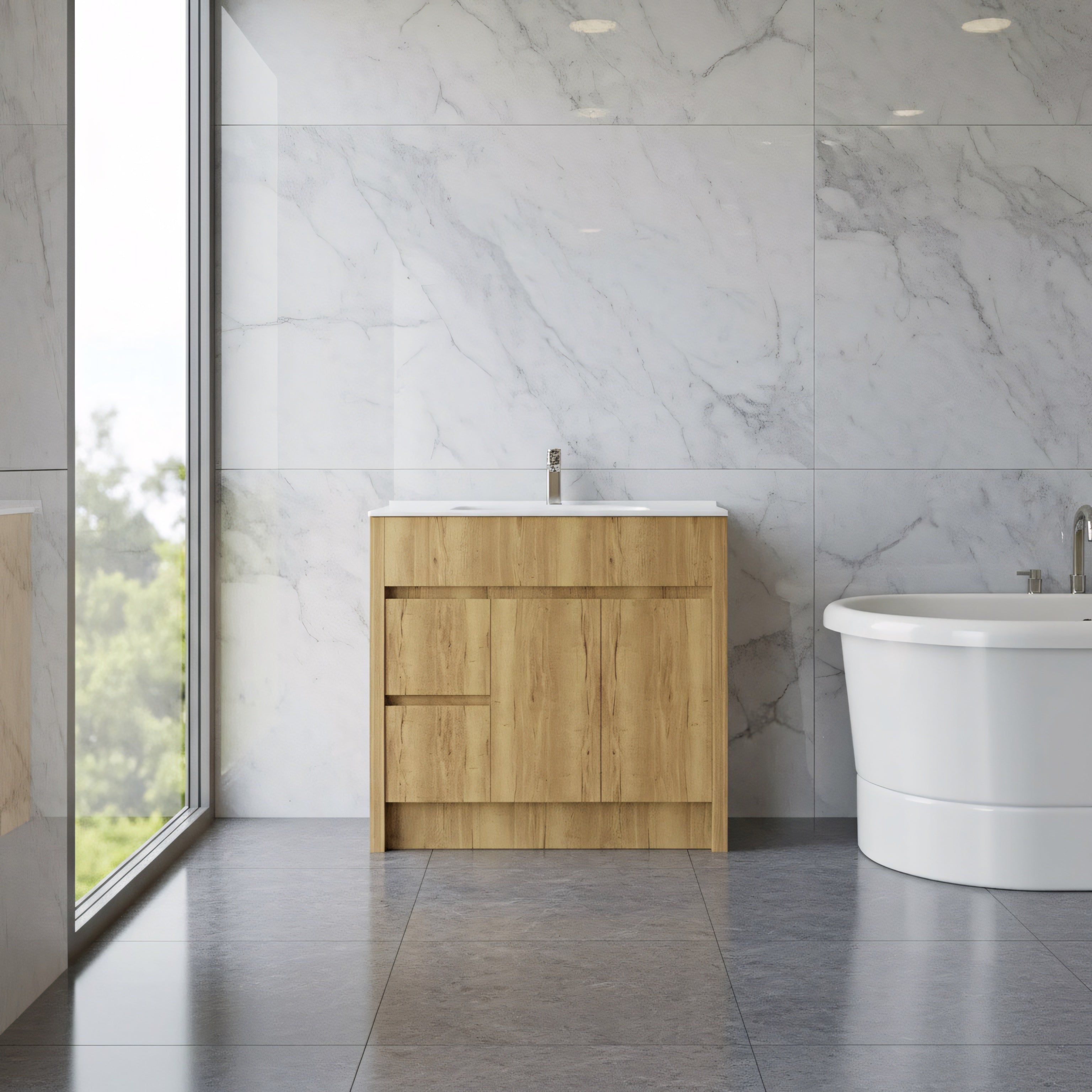 40" Frosted Oak Freestanding Bathroom Vanity with White Ceramic Countertop-Migration_Bathroom Vanities-DECOROLALA