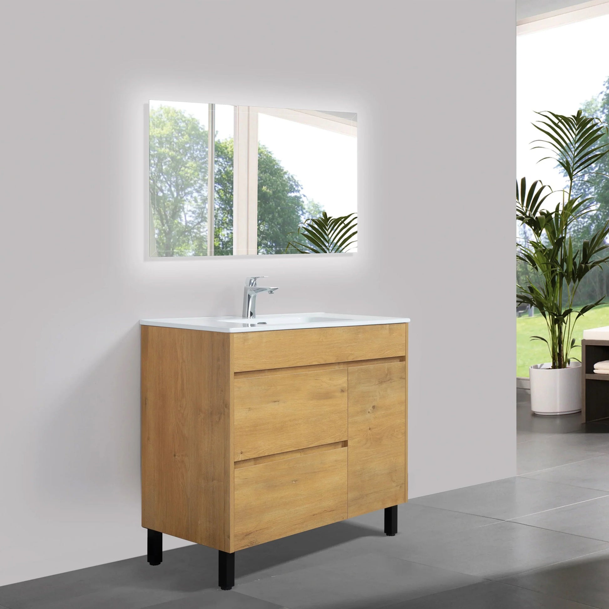 40" Frosted Oak Freestanding Bathroom Vanity with White Ceramic Countertop-Migration_Bathroom Vanities-DECOROLALA