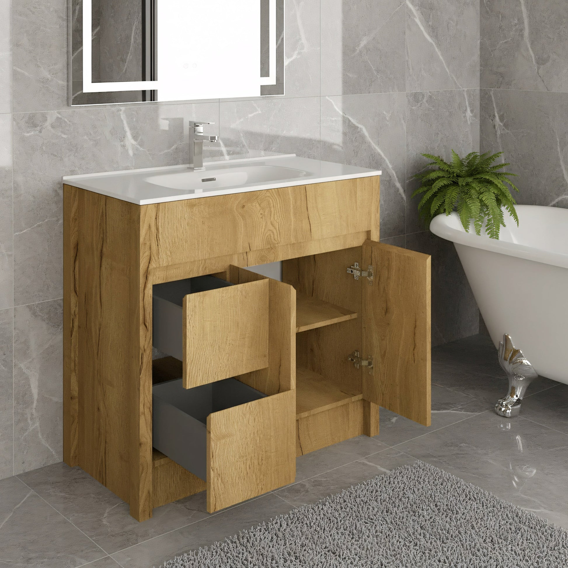 40" Frosted Oak Freestanding Bathroom Vanity with White Ceramic Countertop-Migration_Bathroom Vanities-DECOROLALA