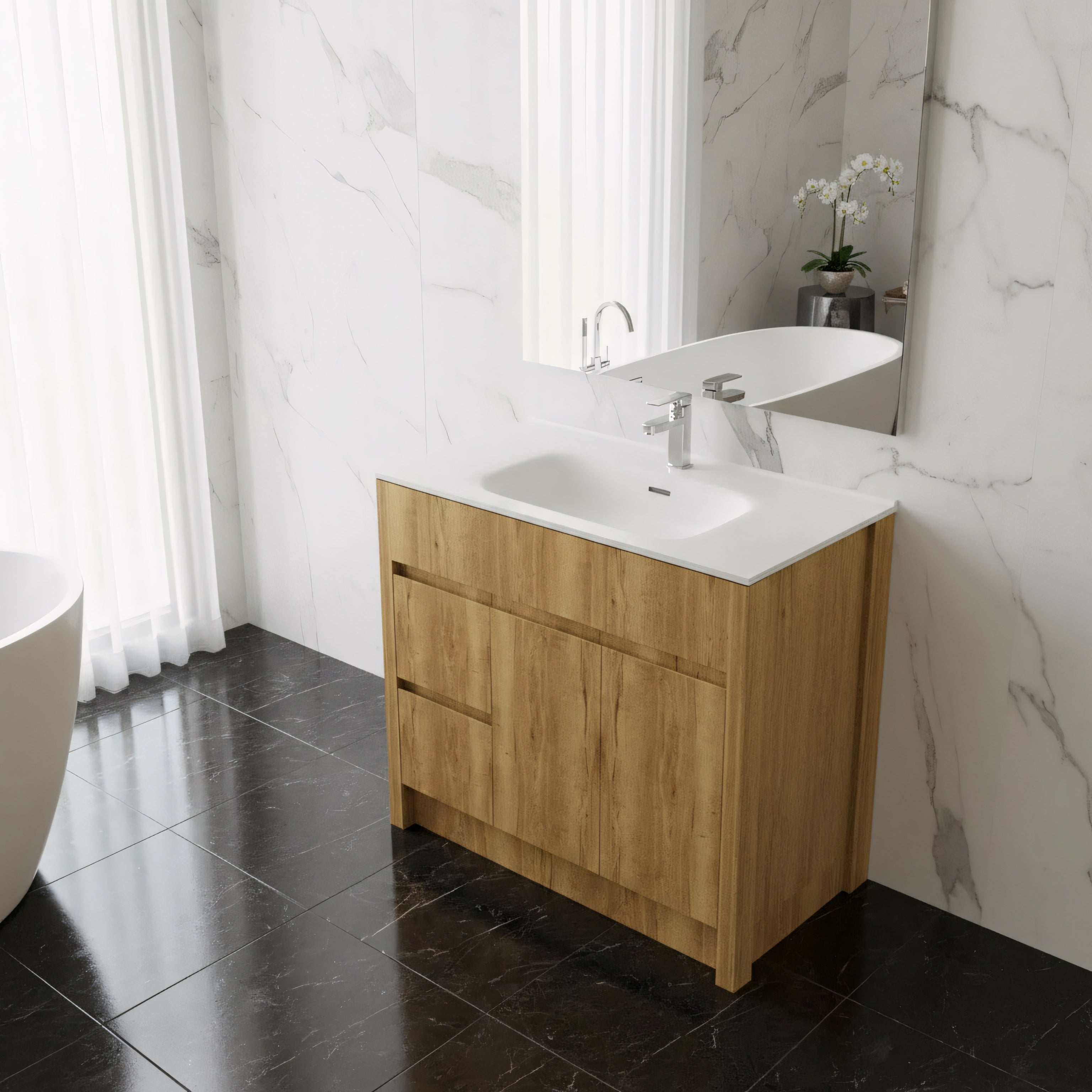 40" Frosted Oak Freestanding Bathroom Vanity with White Ceramic Countertop-Migration_Bathroom Vanities-DECOROLALA