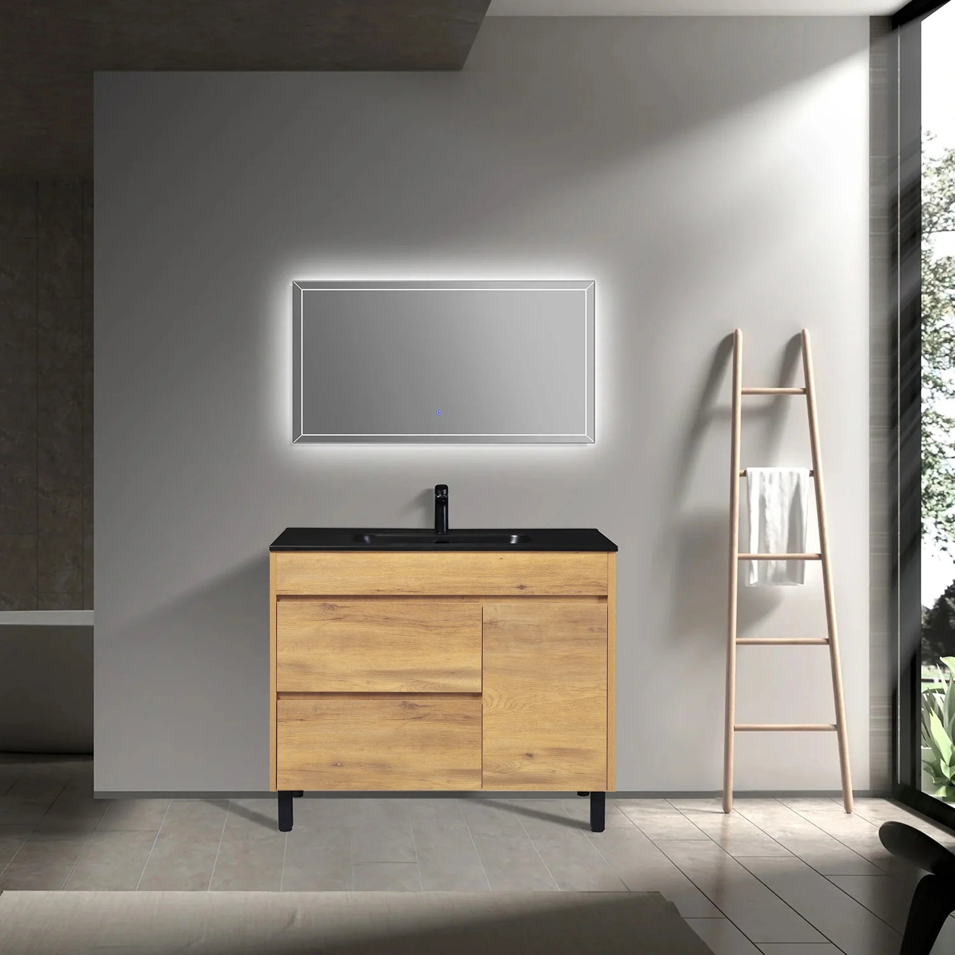 40" Frosted Oak Freestanding Single Sink Bathroom Vanity with Black Ceramic Countetop-Migration_Bathroom Vanities-DECOROLALA