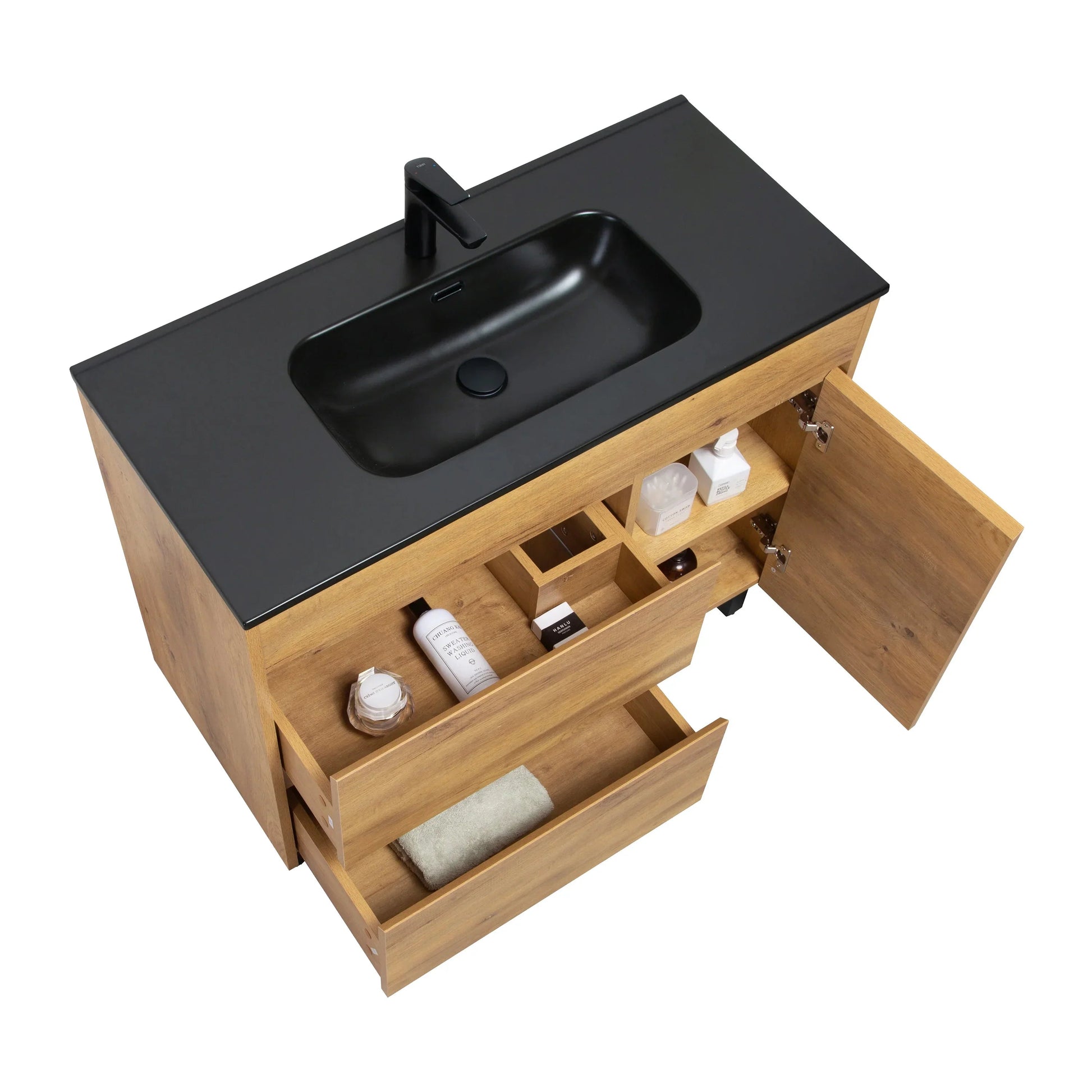 40" Frosted Oak Freestanding Single Sink Bathroom Vanity with Black Ceramic Countetop-Migration_Bathroom Vanities-DECOROLALA