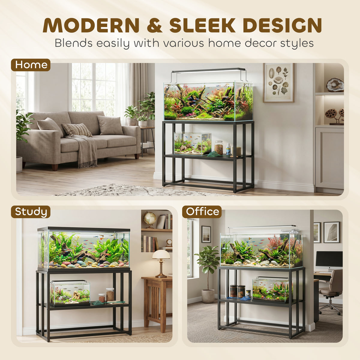 40 Gallon Steel Fish Tank Stand with Storage Shelf - Black-Small Animals-DECOROLALA