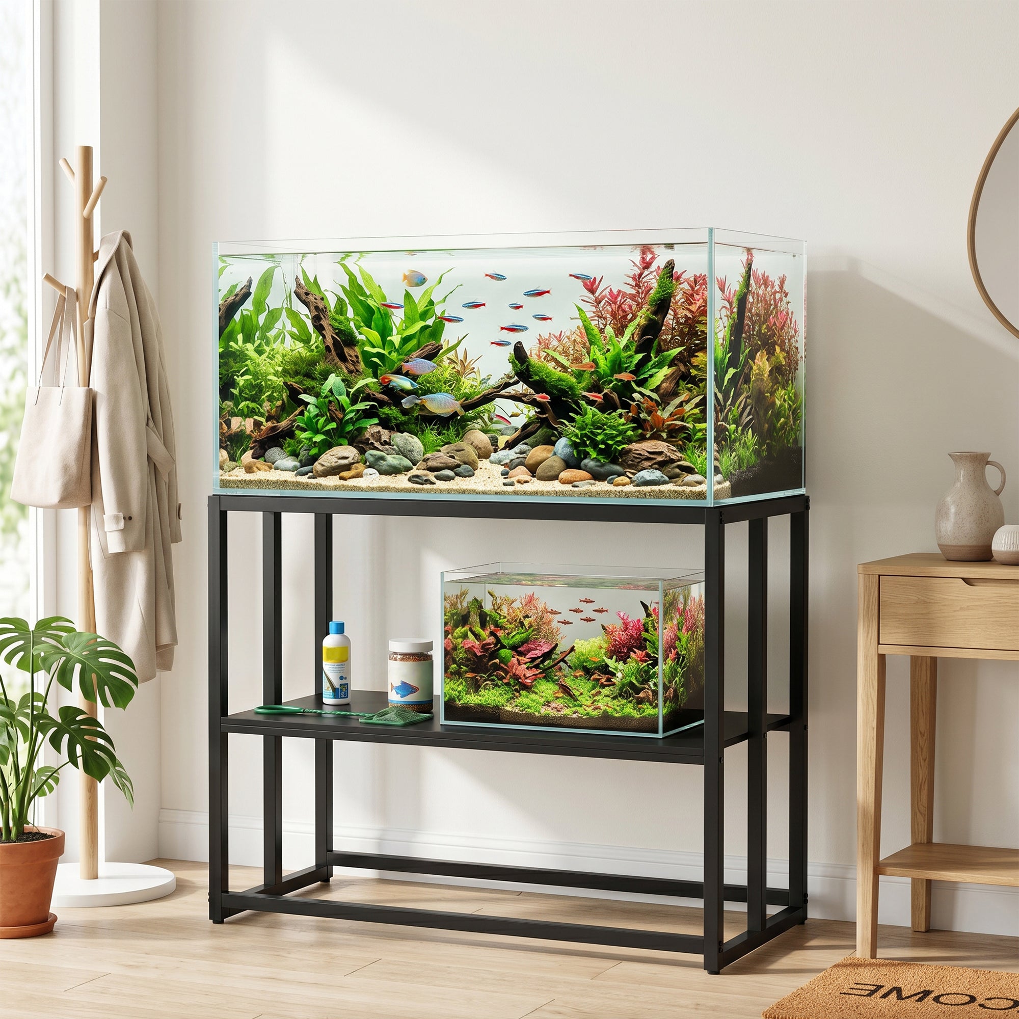 40 Gallon Steel Fish Tank Stand with Storage Shelf - Black-Small Animals-DECOROLALA