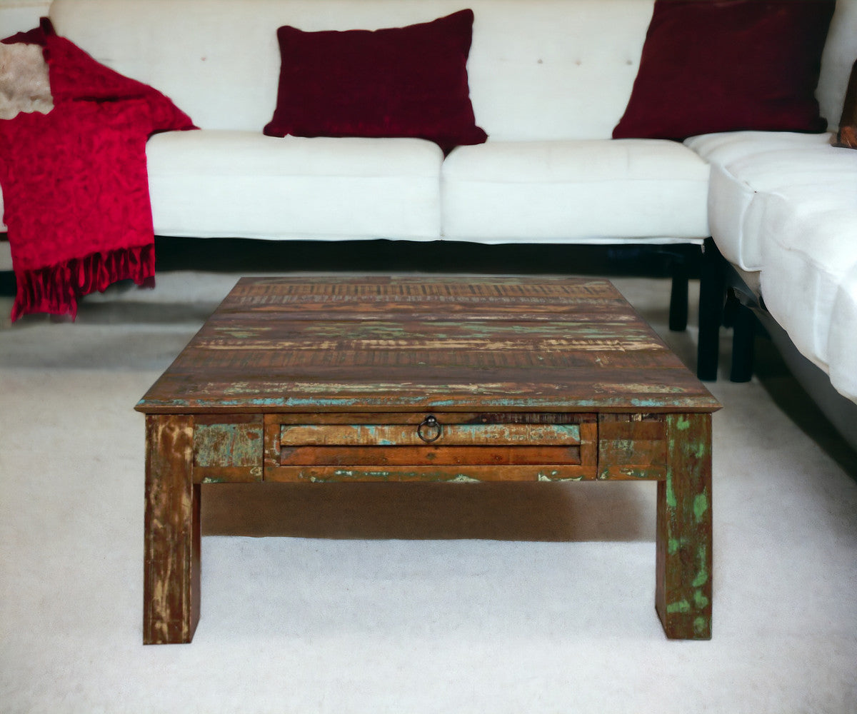 40" Green and Brown Solid Wood Square Coffee Table With Drawer-Coffee Tables-DECOROLALA