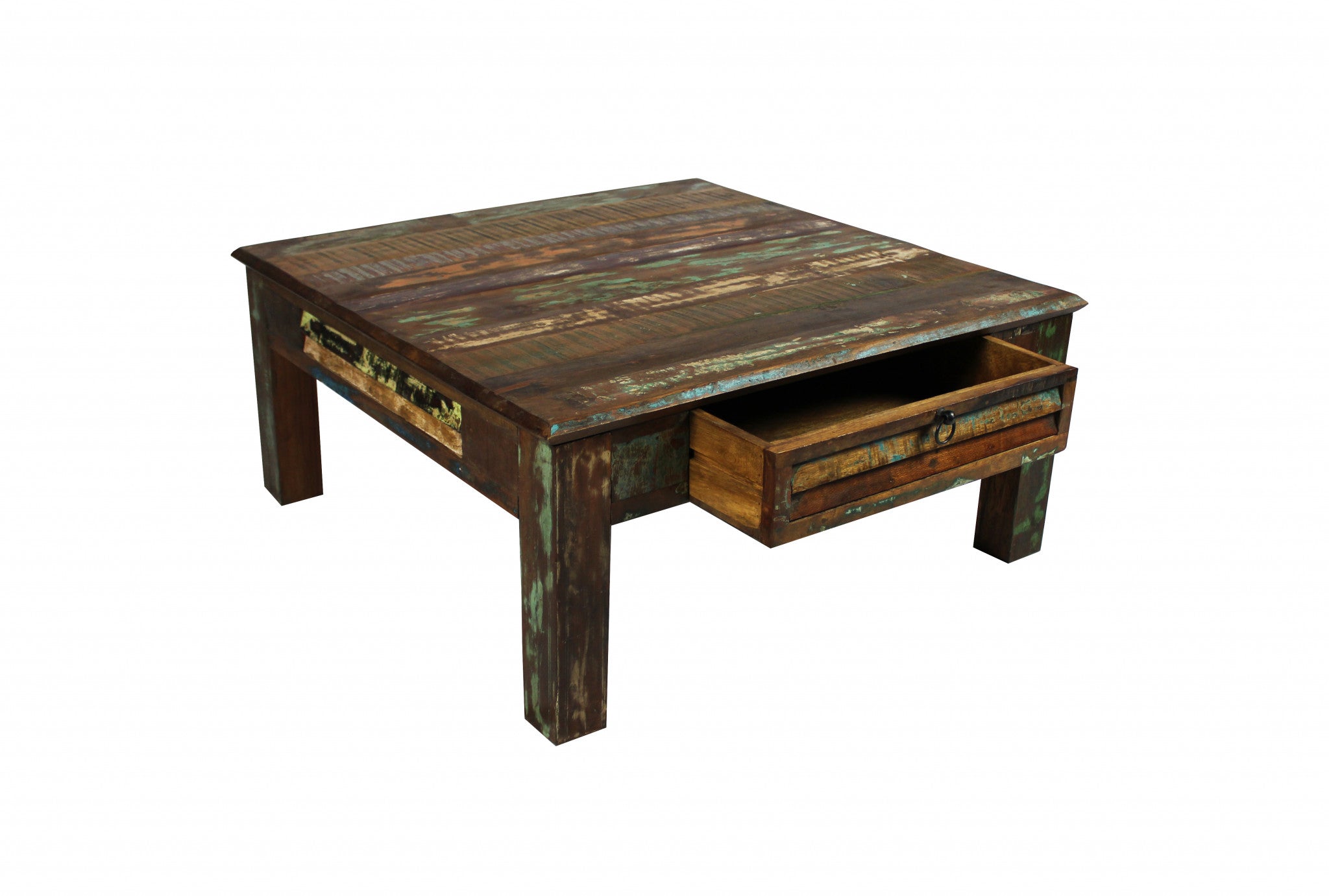 40" Green and Brown Solid Wood Square Coffee Table With Drawer-Coffee Tables-DECOROLALA