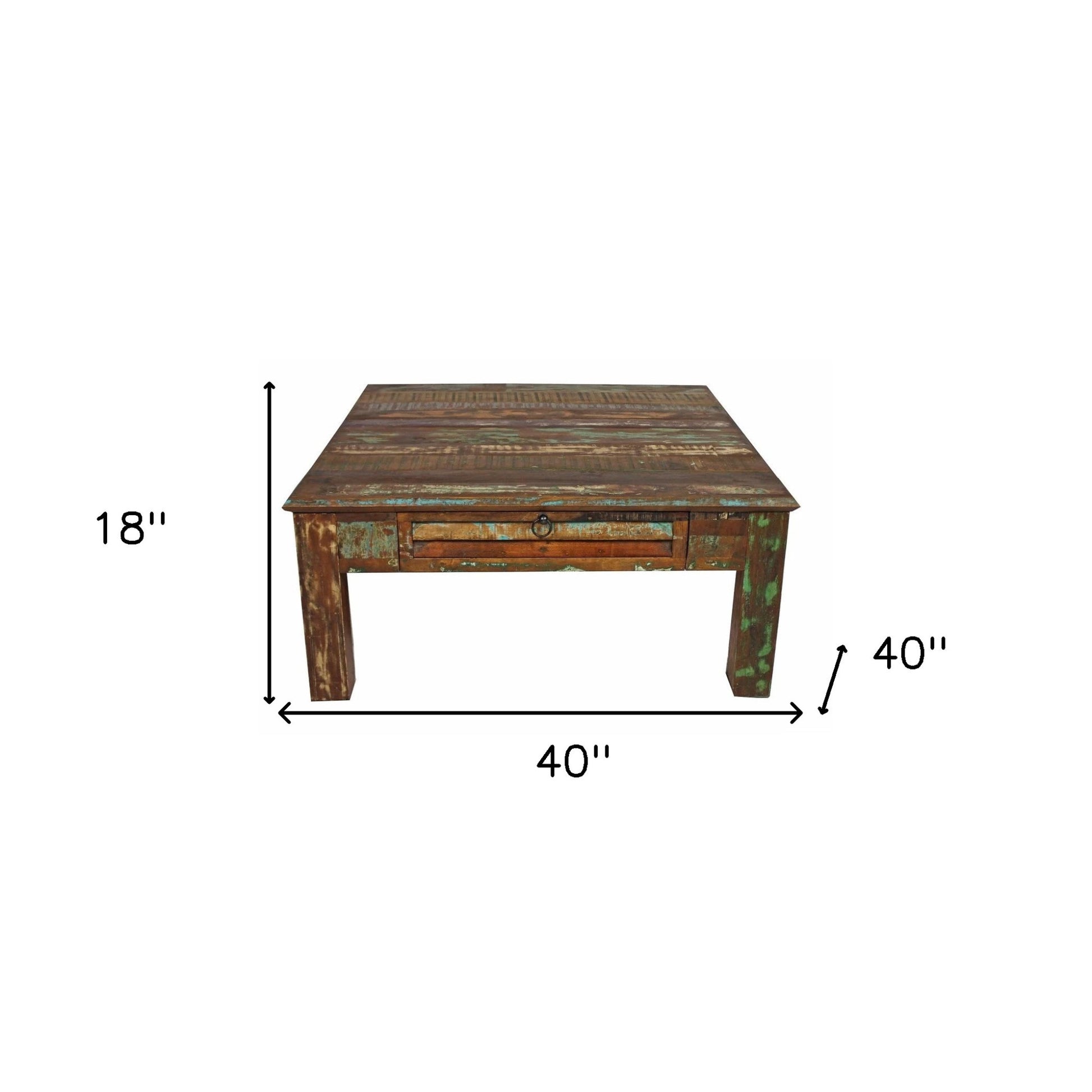 40" Green and Brown Solid Wood Square Coffee Table With Drawer-Coffee Tables-DECOROLALA