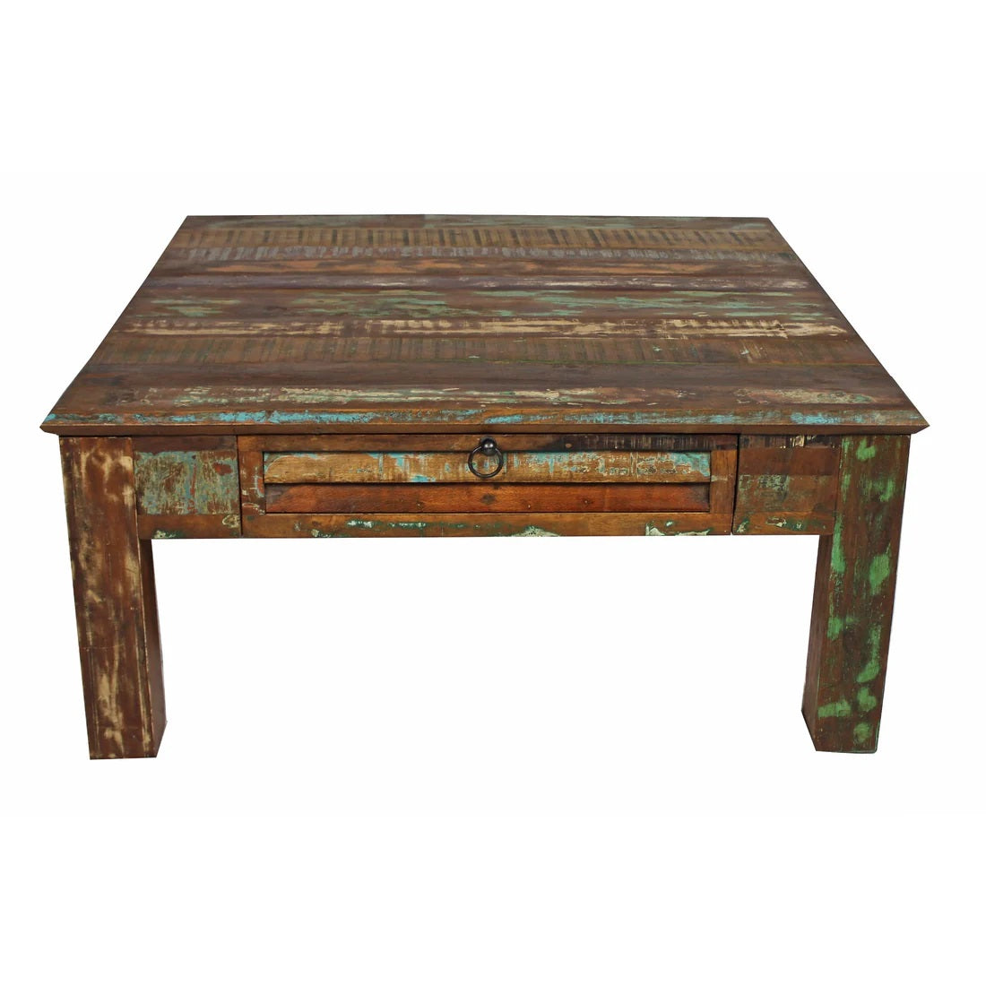 40" Green and Brown Solid Wood Square Coffee Table With Drawer-Coffee Tables-DECOROLALA