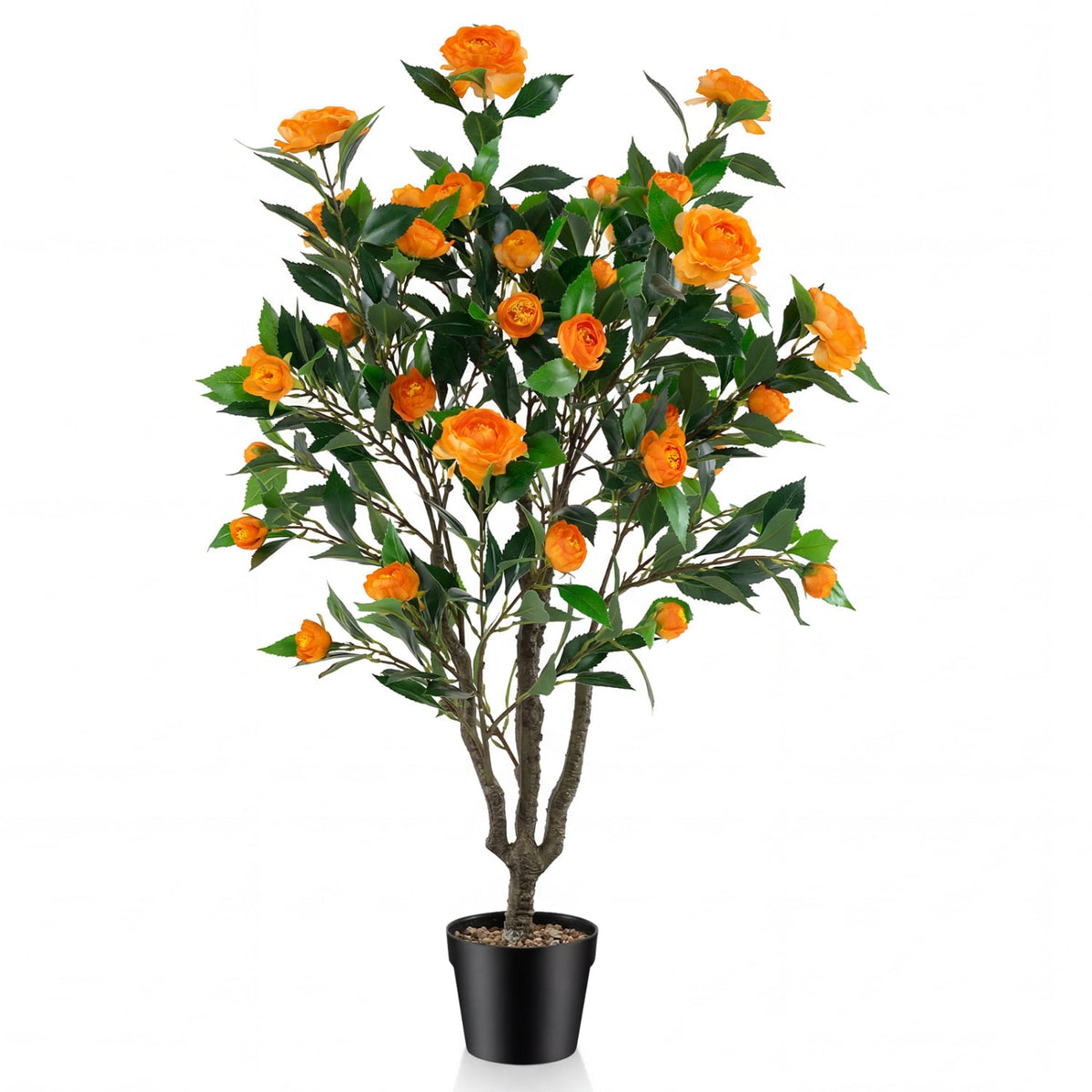 40 Inch Artificial Camellia Tree with 37 Flowers and River Stones in Pot-1 Pack-Artificial Plants-DECOROLALA