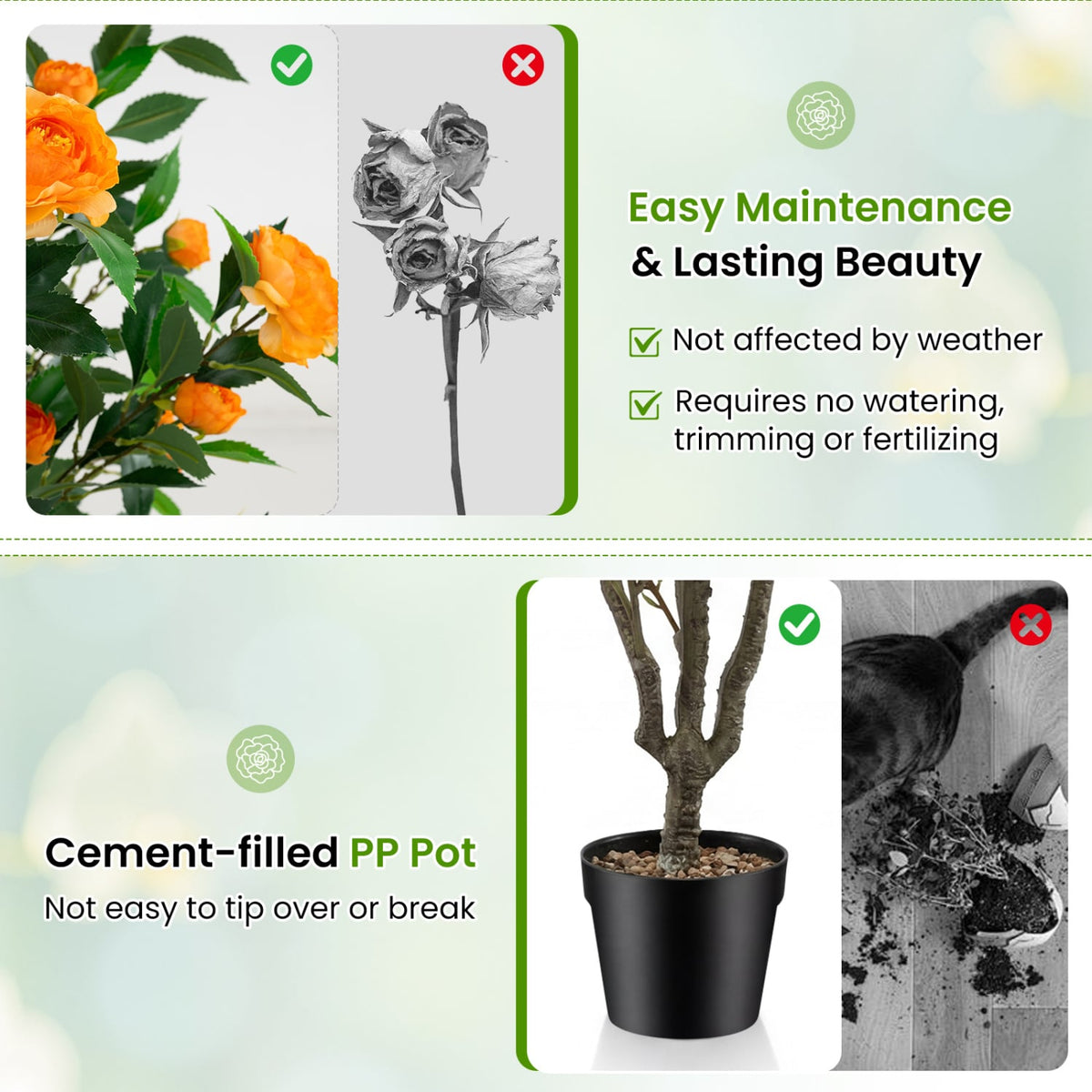 40 Inch Artificial Camellia Tree with 37 Flowers and River Stones in Pot-1 Pack-Artificial Plants-DECOROLALA