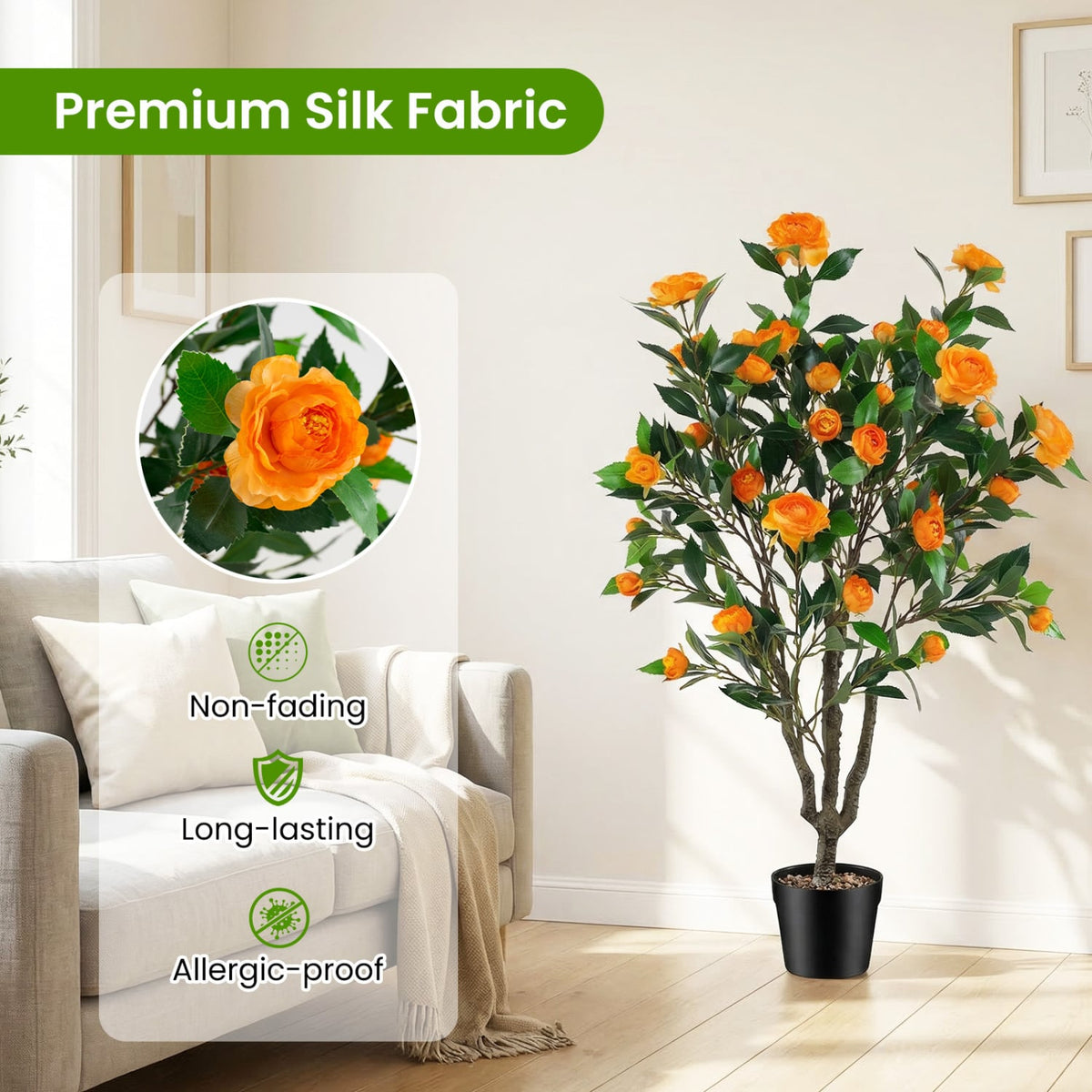 40 Inch Artificial Camellia Tree with 37 Flowers and River Stones in Pot-1 Pack-Artificial Plants-DECOROLALA