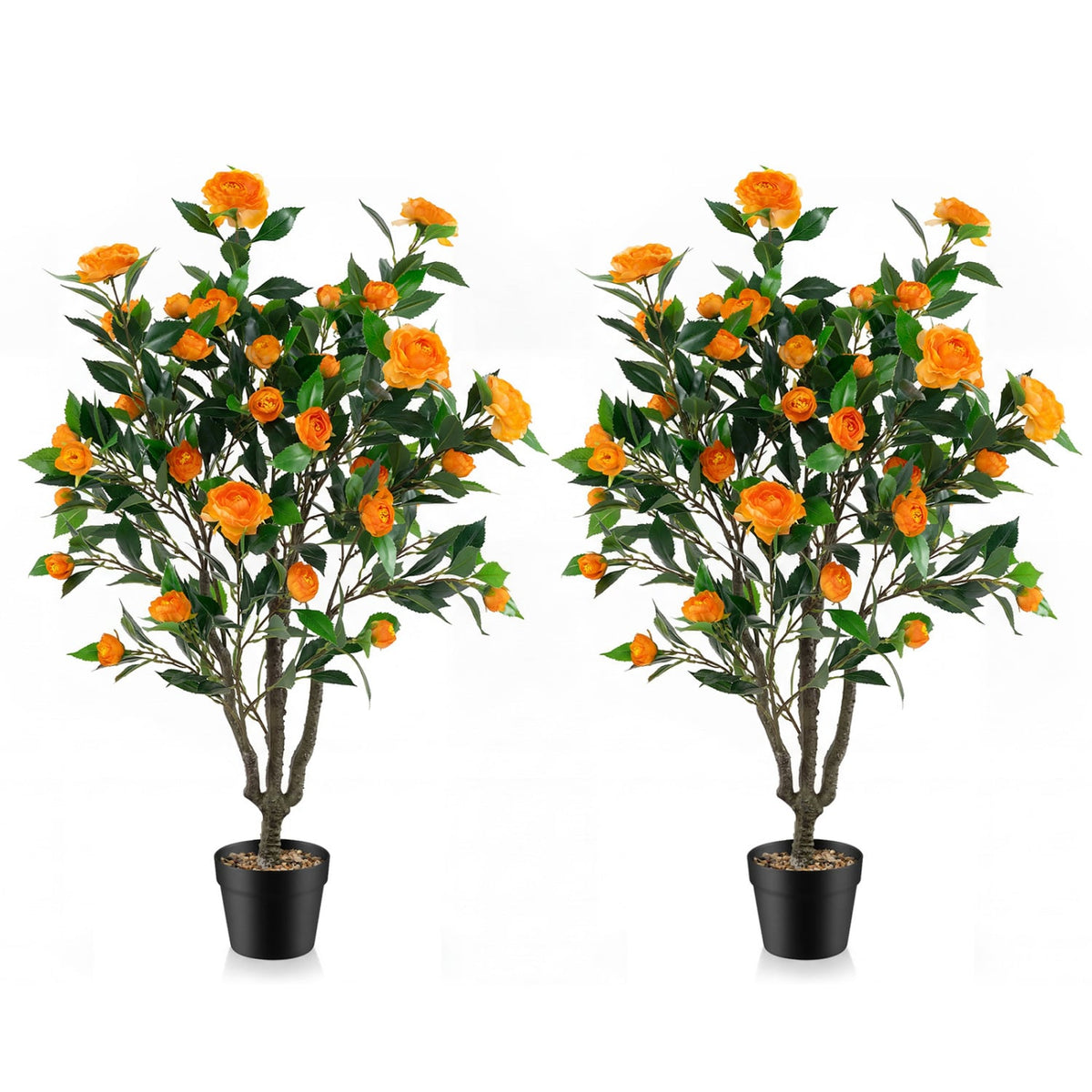 40 Inch Artificial Camellia Tree with 37 Flowers and River Stones in Pot-2 Pack-Artificial Plants-DECOROLALA