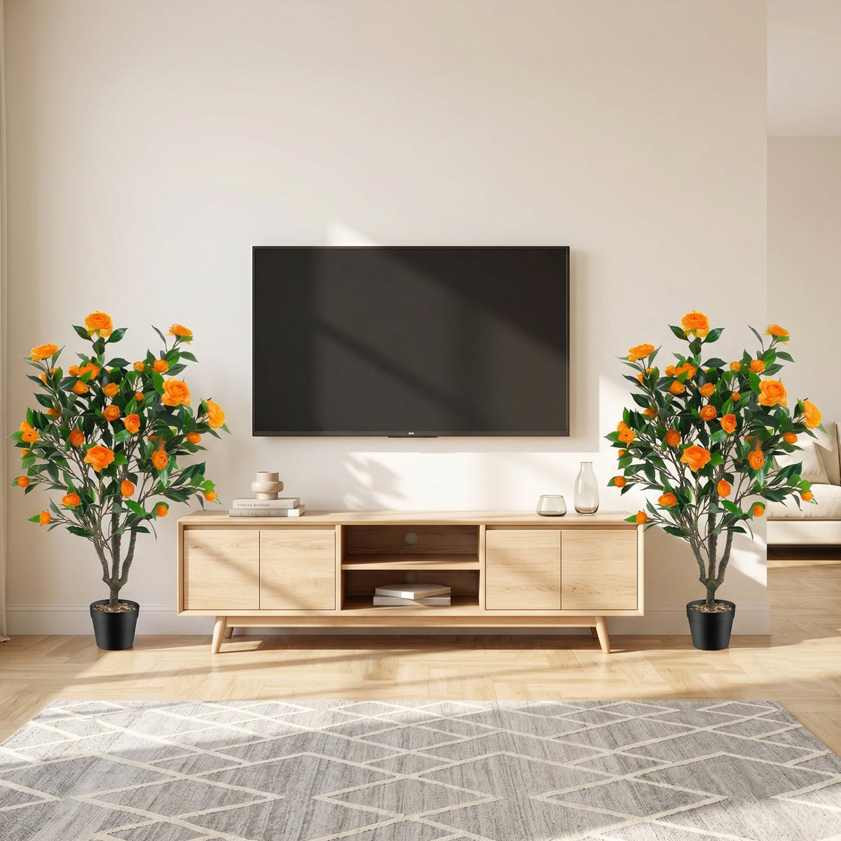 40 Inch Artificial Camellia Tree with 37 Flowers and River Stones in Pot-2 Pack-Artificial Plants-DECOROLALA