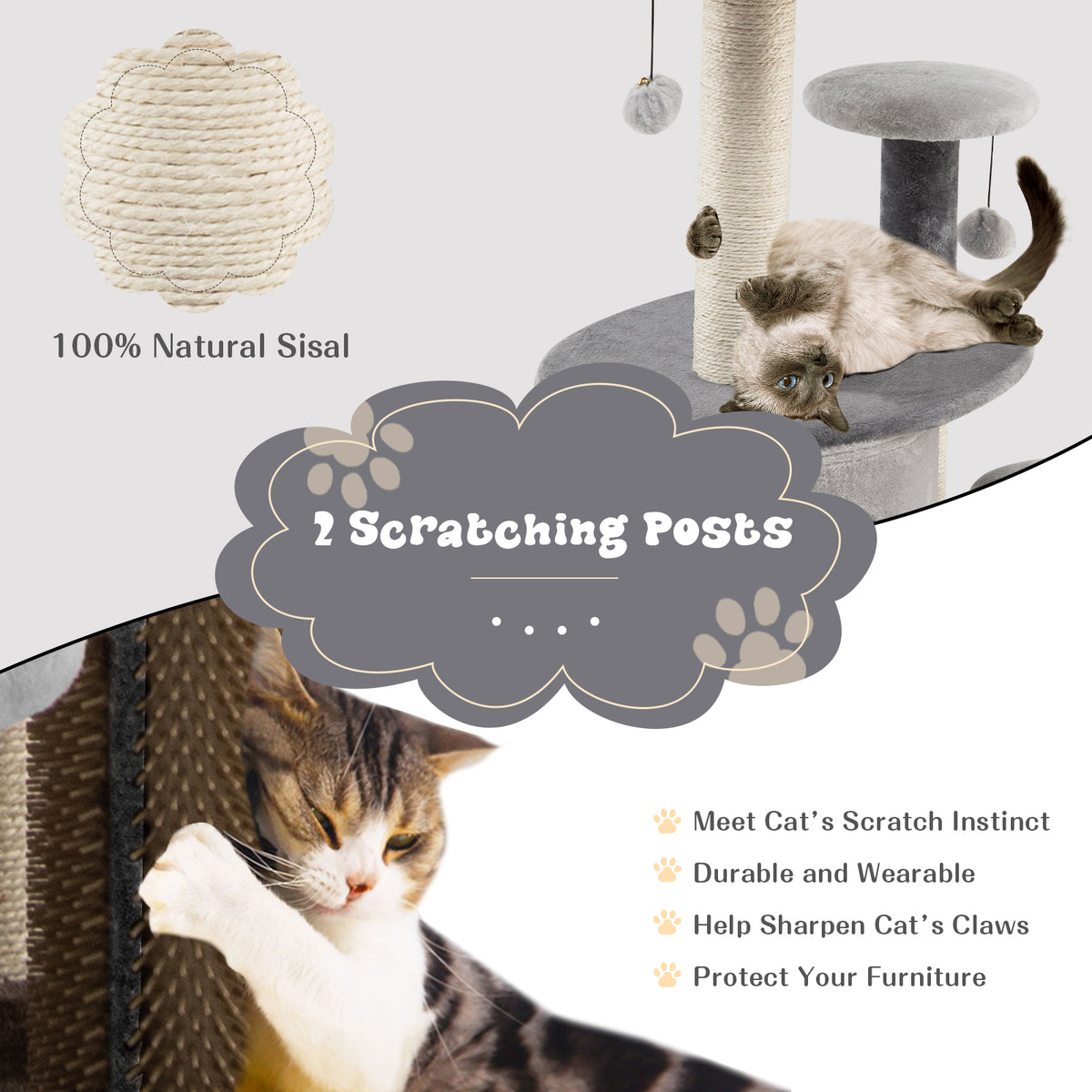40 Inch Cat Tree Tower Multi-Level Activity Tree with 2-Tier Cat-Hole Condo-Gray-Cat Trees & Scratchers-DECOROLALA