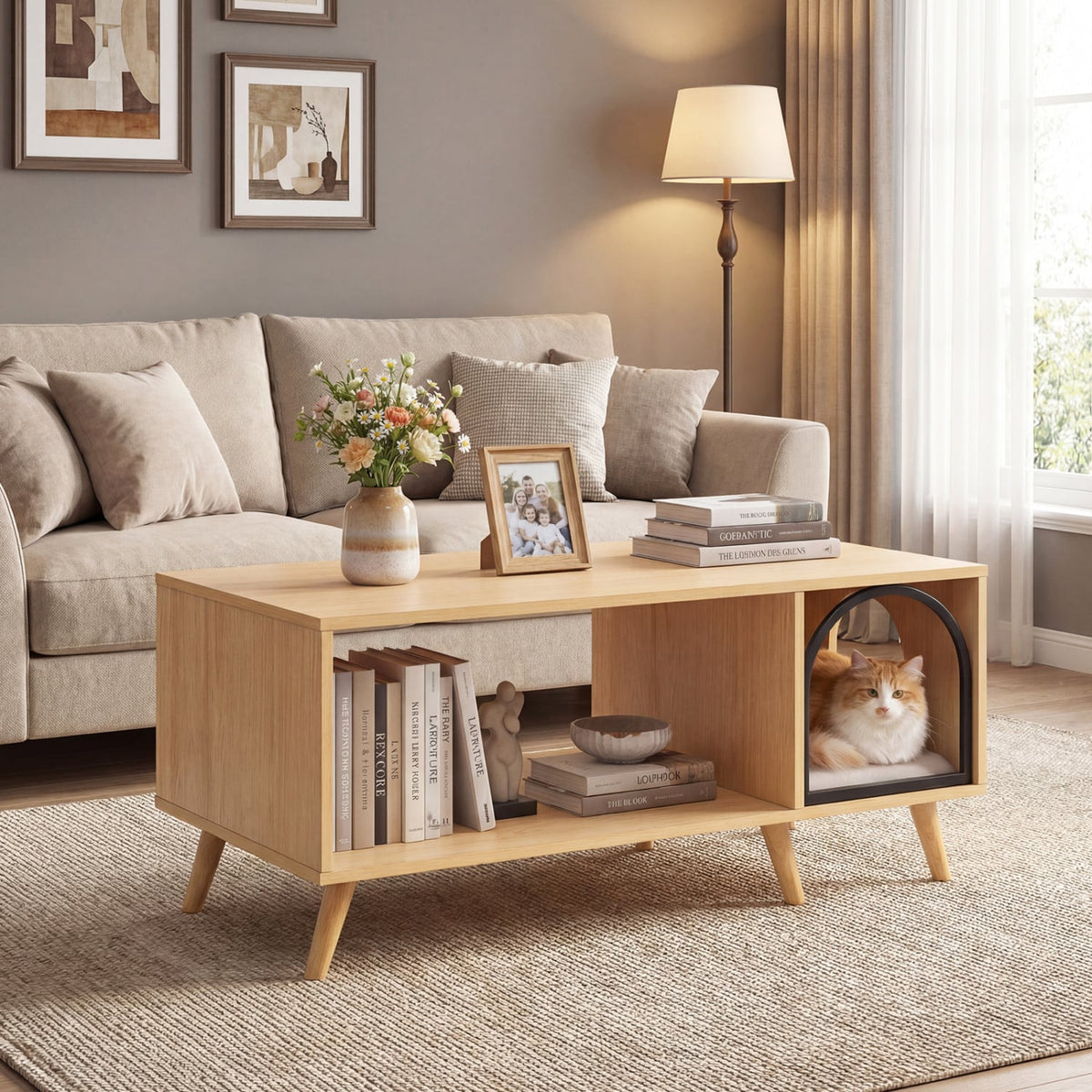 40 Inch Coffee Table Cat House 2-in-1 Wooden Kitten Furniture with Open Storage Shelf-Natural-Cat Houses-DECOROLALA