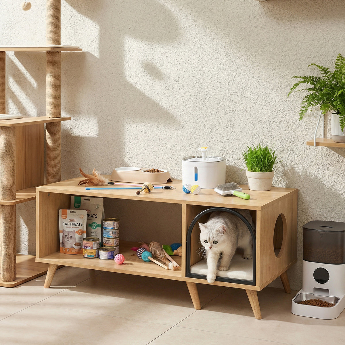 40 Inch Coffee Table Cat House 2-in-1 Wooden Kitten Furniture with Open Storage Shelf-Natural-Cat Houses-DECOROLALA