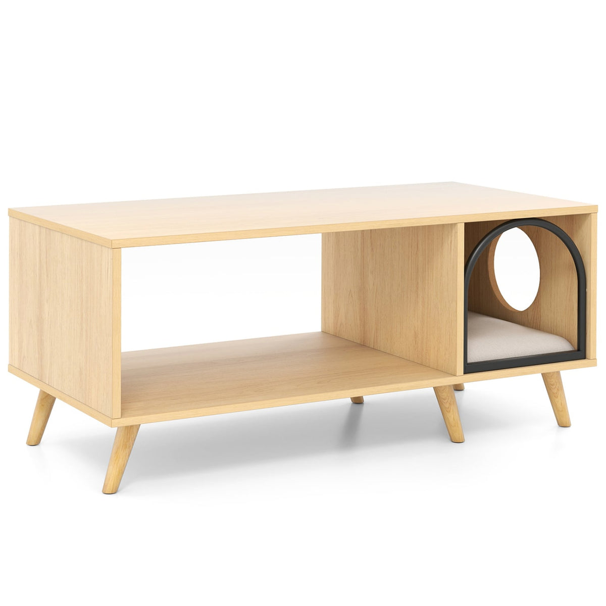 40 Inch Coffee Table Cat House 2-in-1 Wooden Kitten Furniture with Open Storage Shelf-Natural-Cat Houses-DECOROLALA