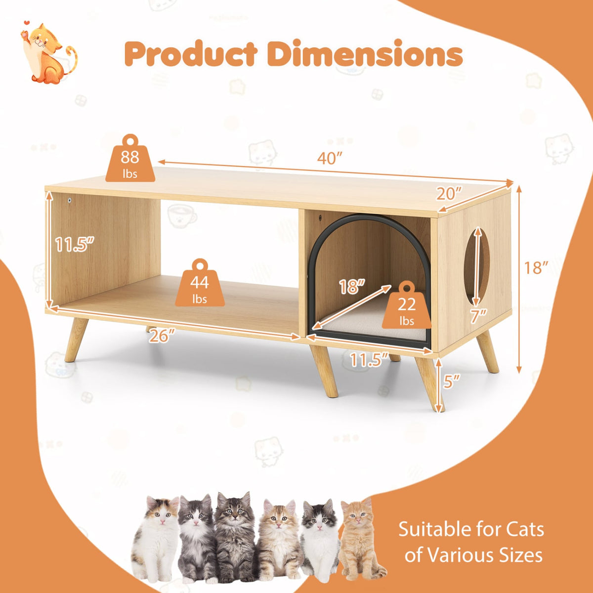 40 Inch Coffee Table Cat House 2-in-1 Wooden Kitten Furniture with Open Storage Shelf-Natural-Cat Houses-DECOROLALA