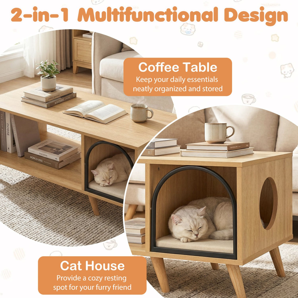 40 Inch Coffee Table Cat House 2-in-1 Wooden Kitten Furniture with Open Storage Shelf-Natural-Cat Houses-DECOROLALA