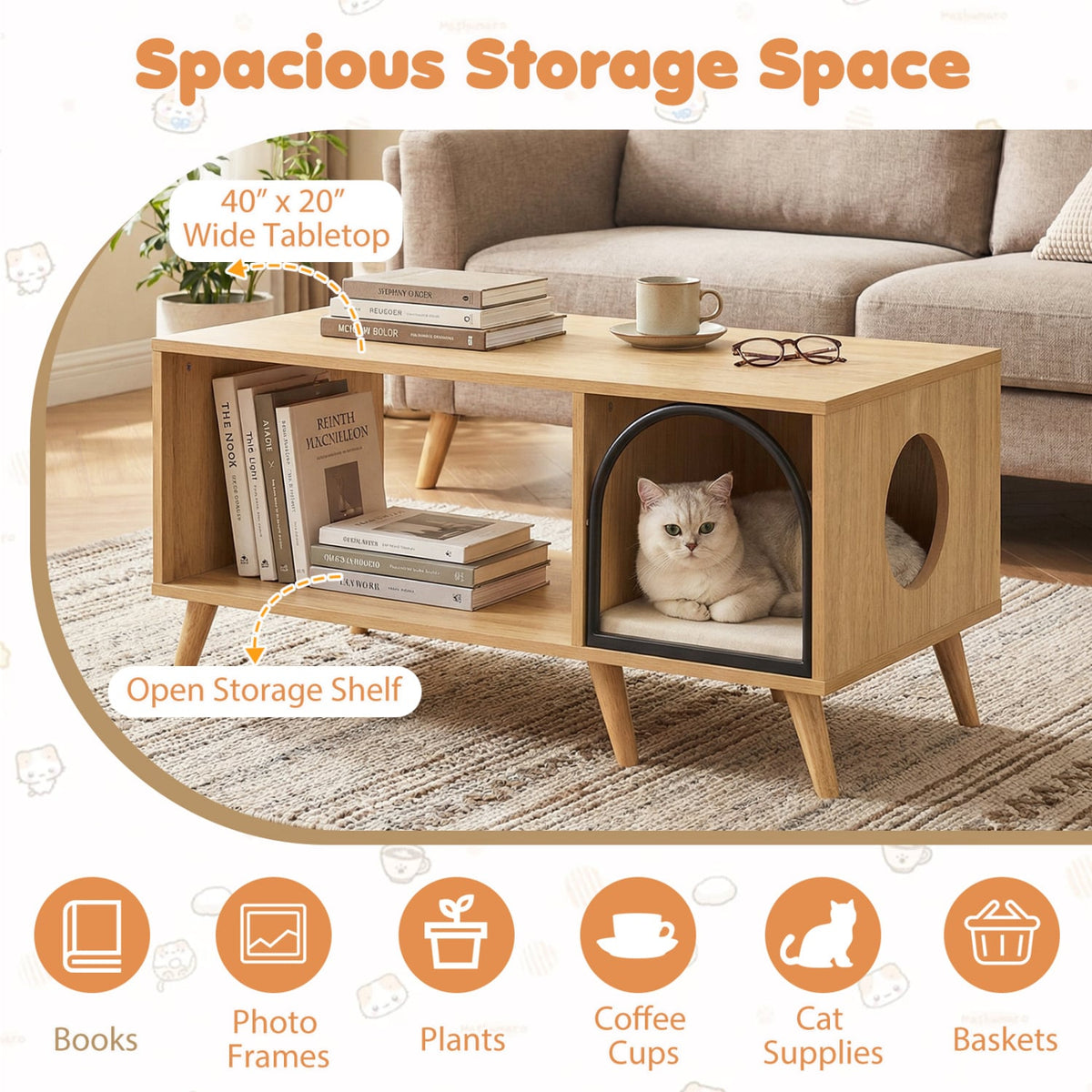 40 Inch Coffee Table Cat House 2-in-1 Wooden Kitten Furniture with Open Storage Shelf-Natural-Cat Houses-DECOROLALA