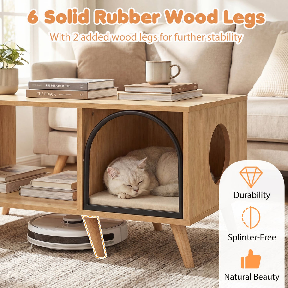 40 Inch Coffee Table Cat House 2-in-1 Wooden Kitten Furniture with Open Storage Shelf-Natural-Cat Houses-DECOROLALA