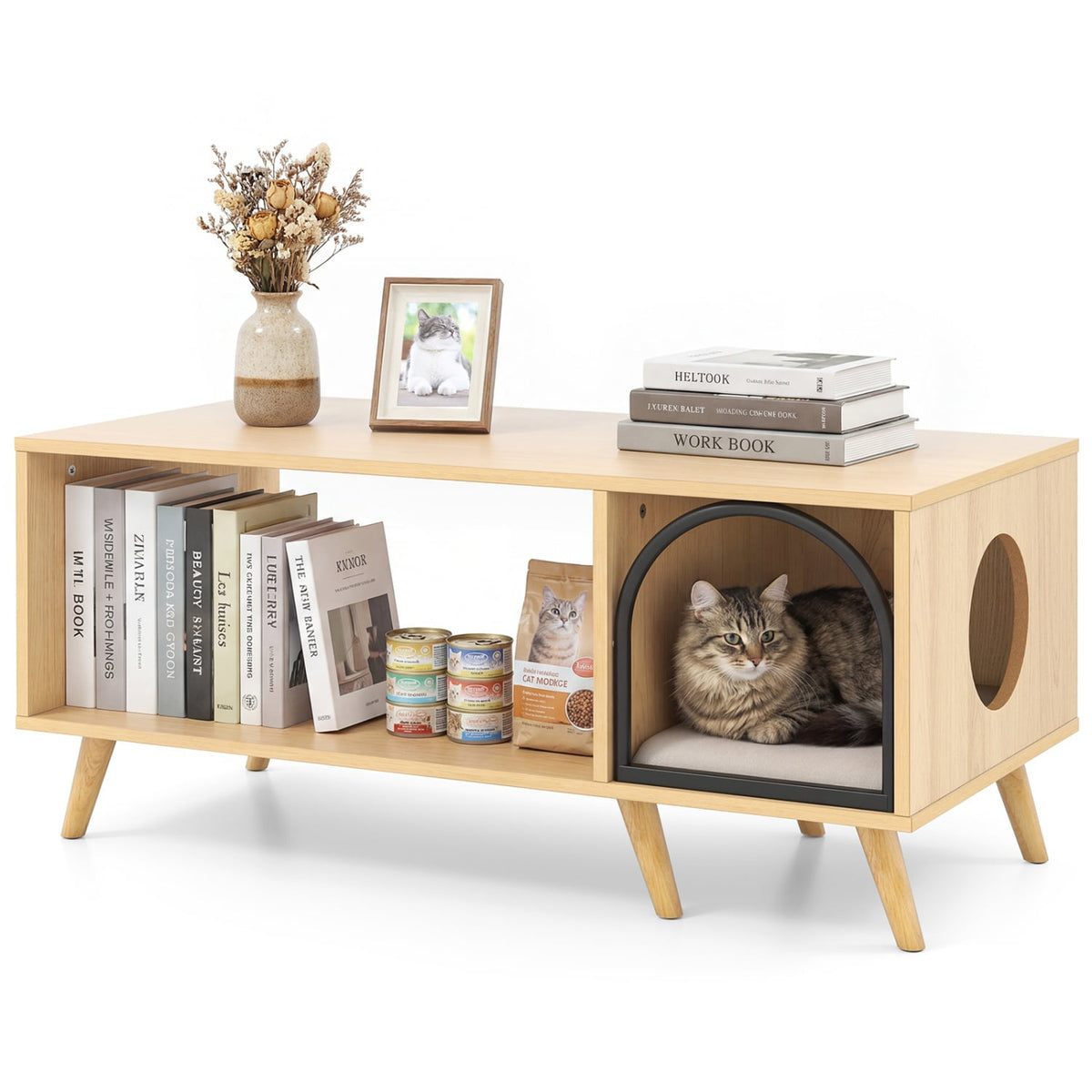 40 Inch Coffee Table Cat House 2-in-1 Wooden Kitten Furniture with Open Storage Shelf-Natural-Cat Houses-DECOROLALA