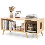 40 Inch Coffee Table Cat House 2-in-1 Wooden Kitten Furniture with Open Storage Shelf-Natural-Cat Houses-DECOROLALA
