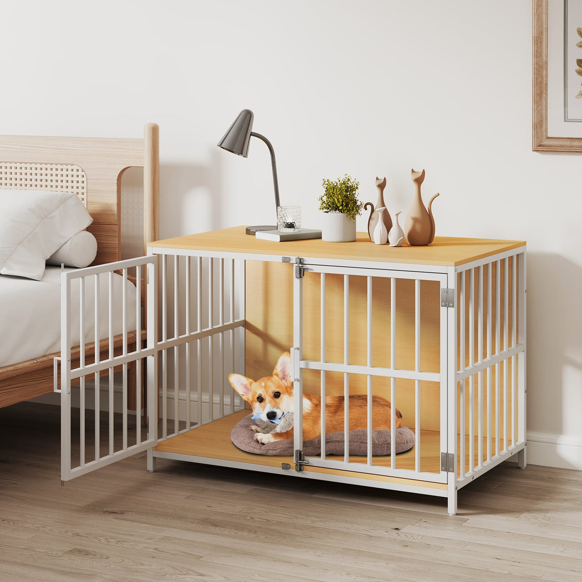 40 Inch Dog Crate Furniture Dog Kennel with Dual Lockable Double Doors-Natural-Dog Kennels-DECOROLALA