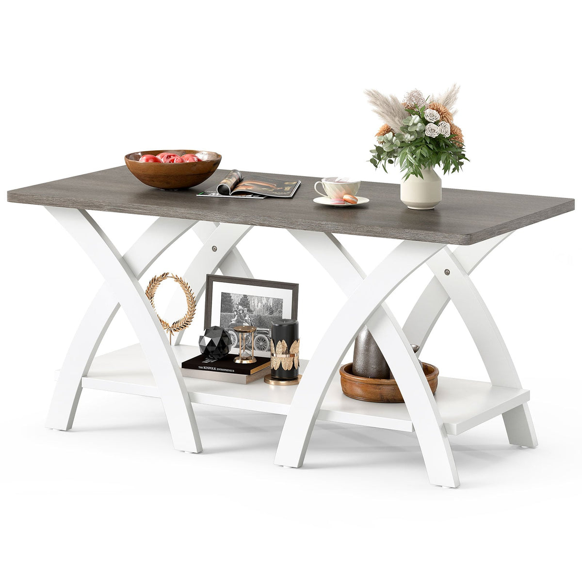 40 Inch Farmhouse Wooden Coffee Table with Storage Shelf with X-shaped Legs-Gray-Coffee Tables-DECOROLALA