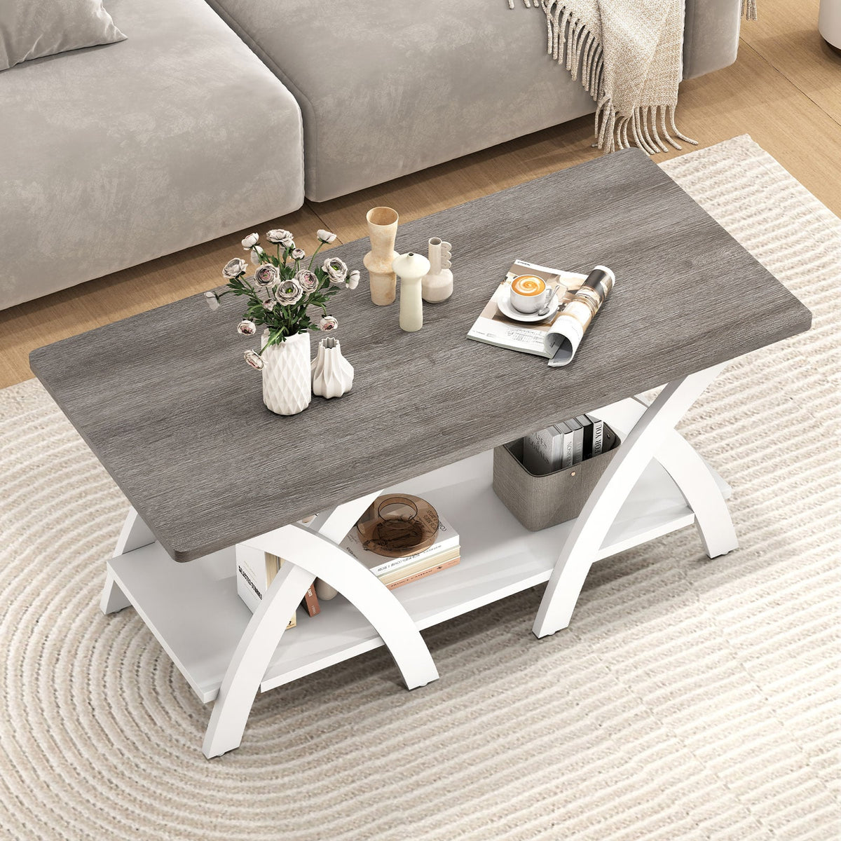 40 Inch Farmhouse Wooden Coffee Table with Storage Shelf with X-shaped Legs-Gray-Coffee Tables-DECOROLALA