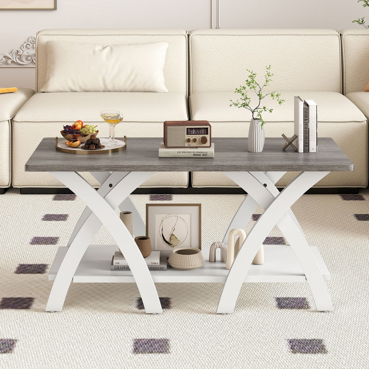 40 Inch Farmhouse Wooden Coffee Table with Storage Shelf with X-shaped Legs-Gray-Coffee Tables-DECOROLALA